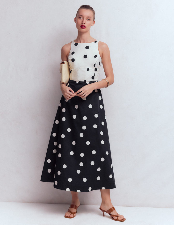 Silvia Maxikleid mit Korsettstäbchen am Oberteil-Französisches Marineblau Gemalt Spaced Dot