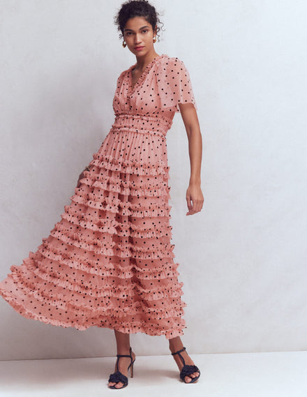 V-neck Ruffle Tulle Dress-Ivory Black Spot