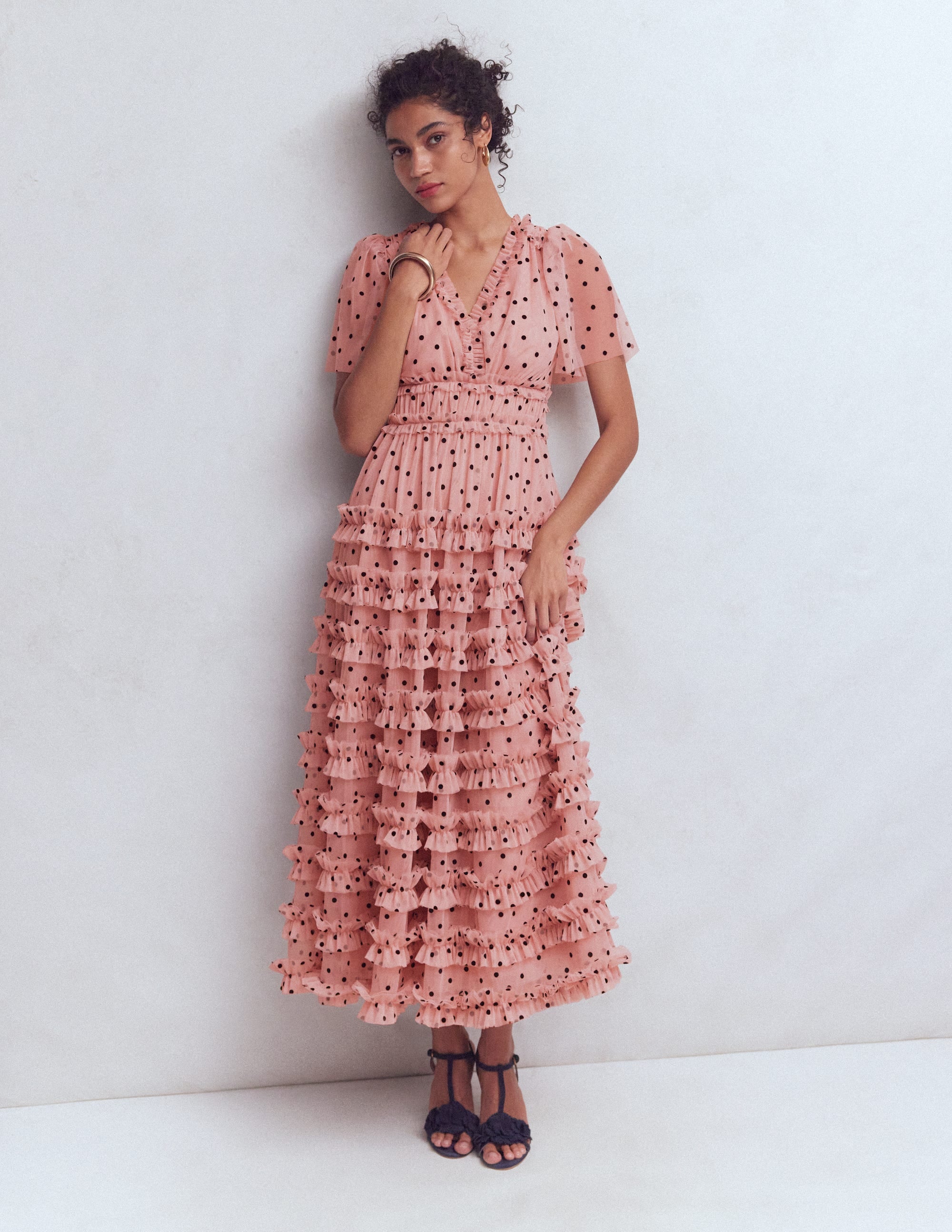 Robe col V volantée en tulle-Ivoire, pois noirs - Image 4