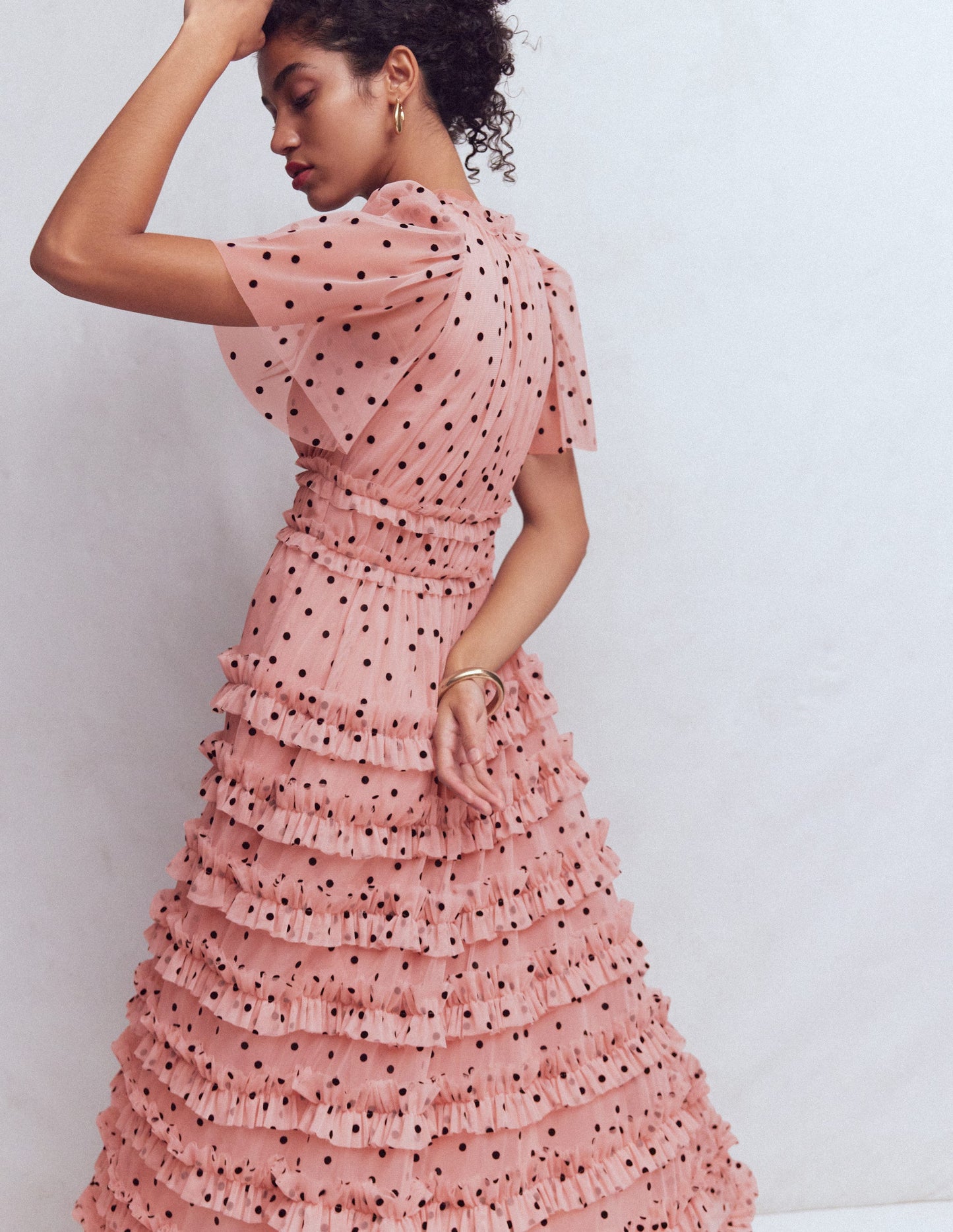 V-neck Ruffle Tulle Dress-Ivory Black Spot