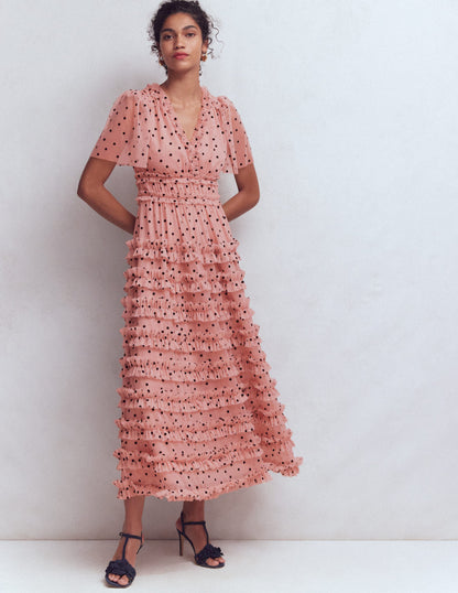 V-neck Ruffle Tulle Dress-Ivory Black Spot-7