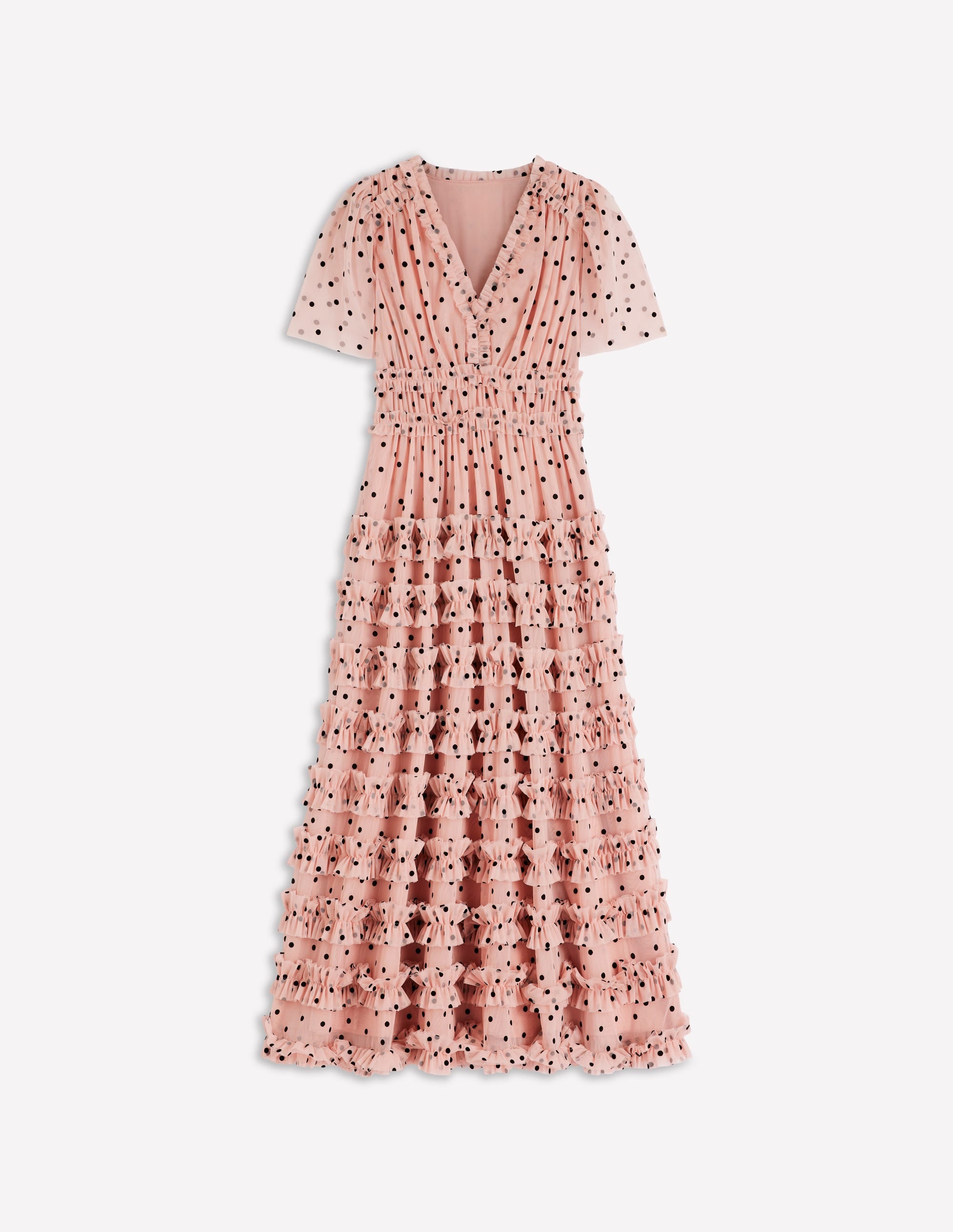 Robe col V volantée en tulle-Ivoire, pois noirs - Image 7