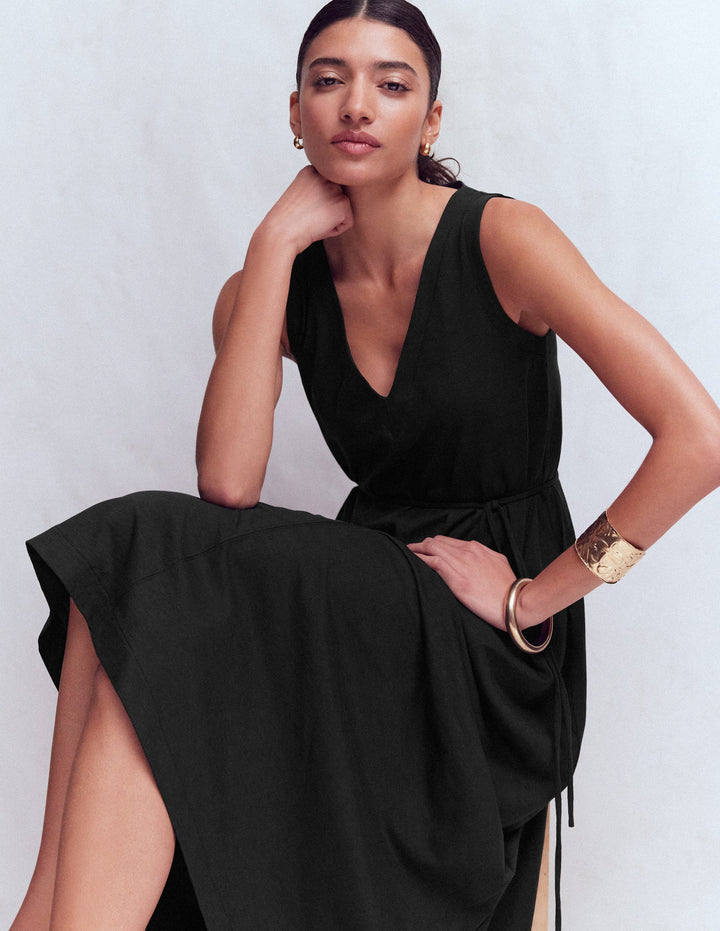 Robe midi Mia en jersey à col V-Noir