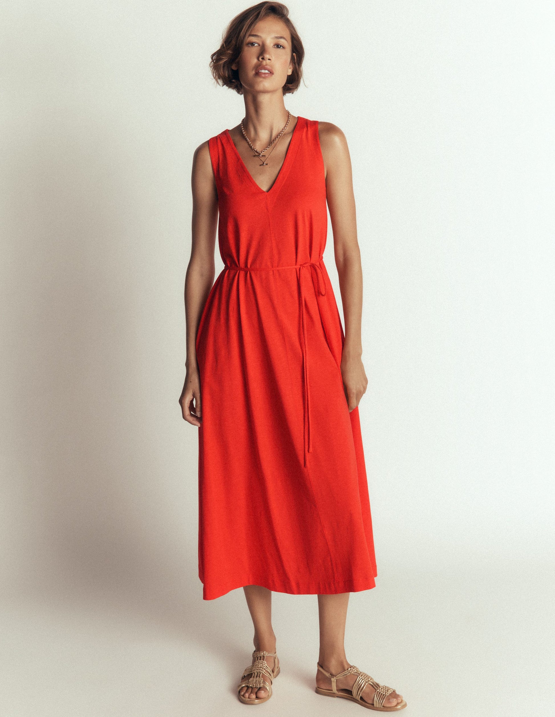 Mia Jersey-Midikleid mit V-Ausschnitt-Knallrot-1