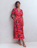 Plissiertes Kleid mit V-Ausschnitt-Rosa, Kunstvolle Blüten