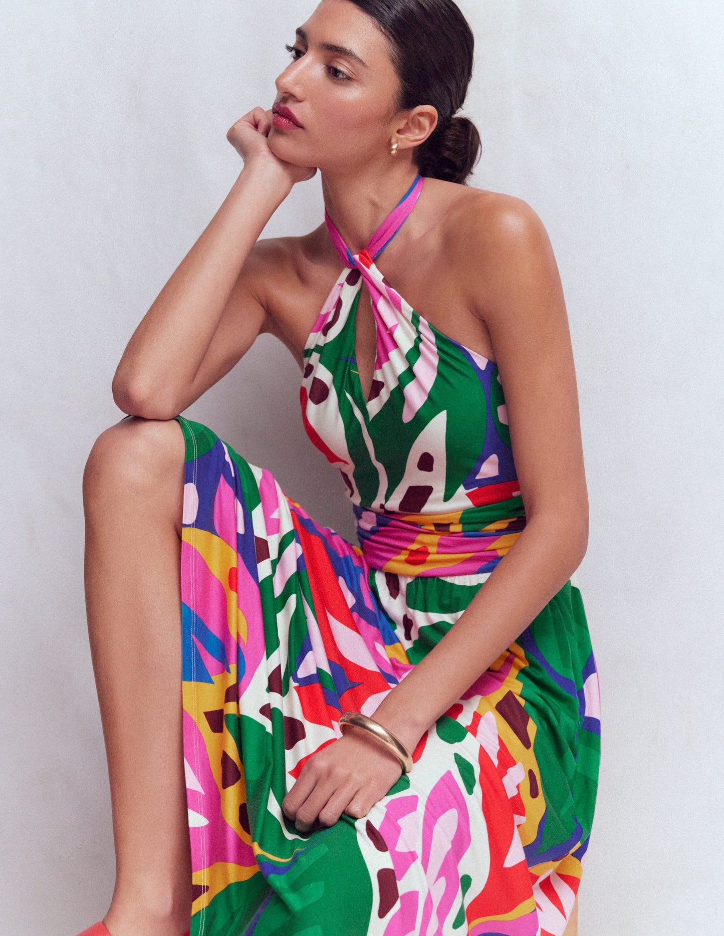 Sydney Jerseykleid mit gedrehtem Ausschnitt-Bunt, Blattkaskade