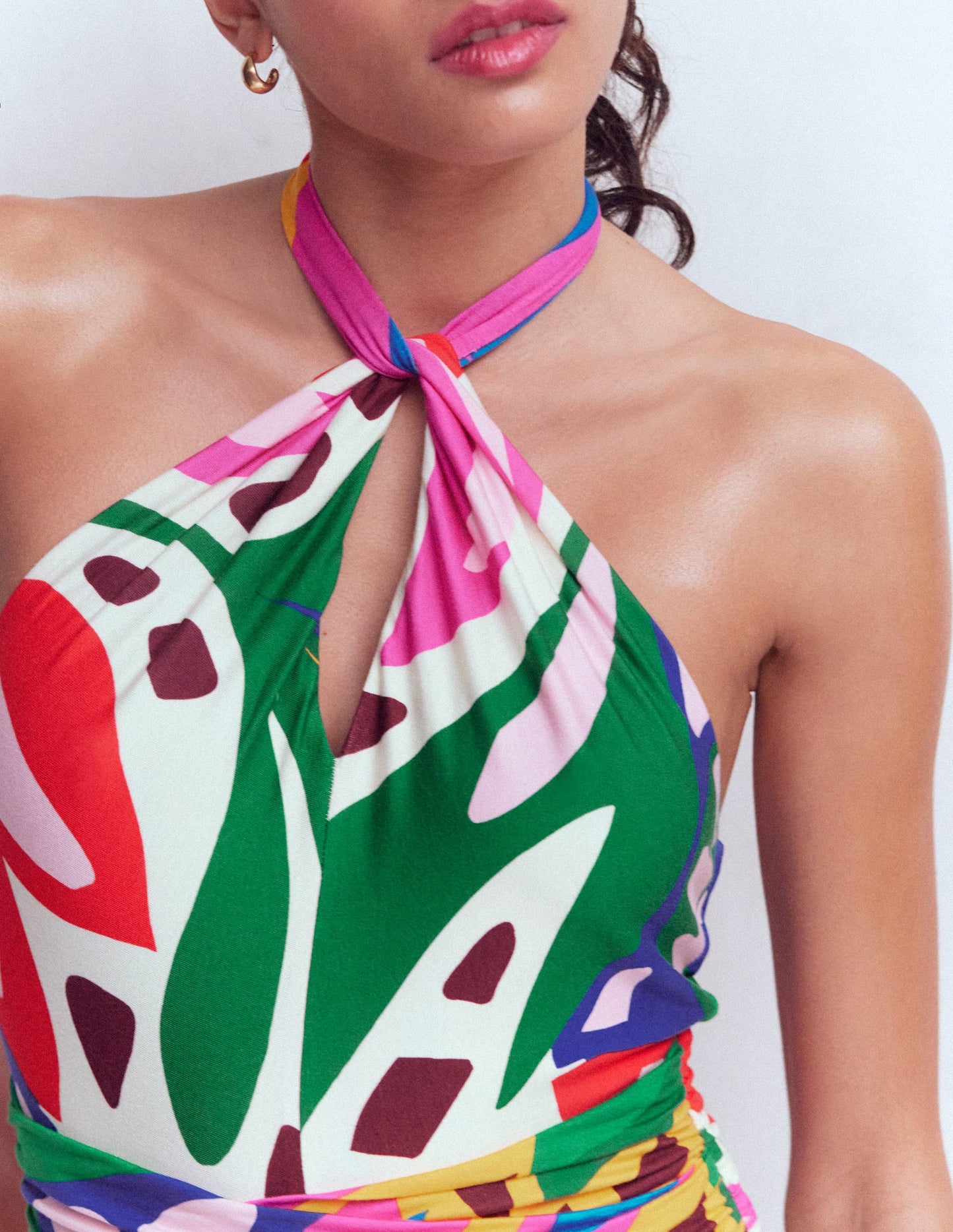 Sydney Jerseykleid mit gedrehtem Ausschnitt-Bunt, Blattkaskade