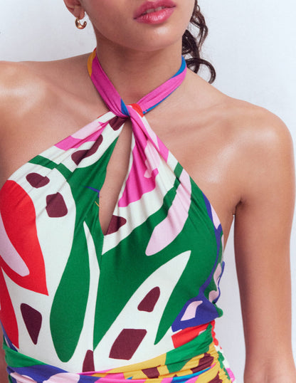 Sydney Jerseykleid mit gedrehtem Ausschnitt-Bunt, Blattkaskade-2