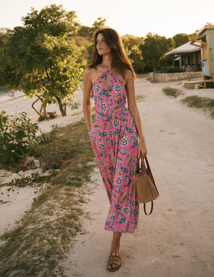 Sydney Jerseykleid mit gedrehtem Ausschnitt-Rosa Paisley