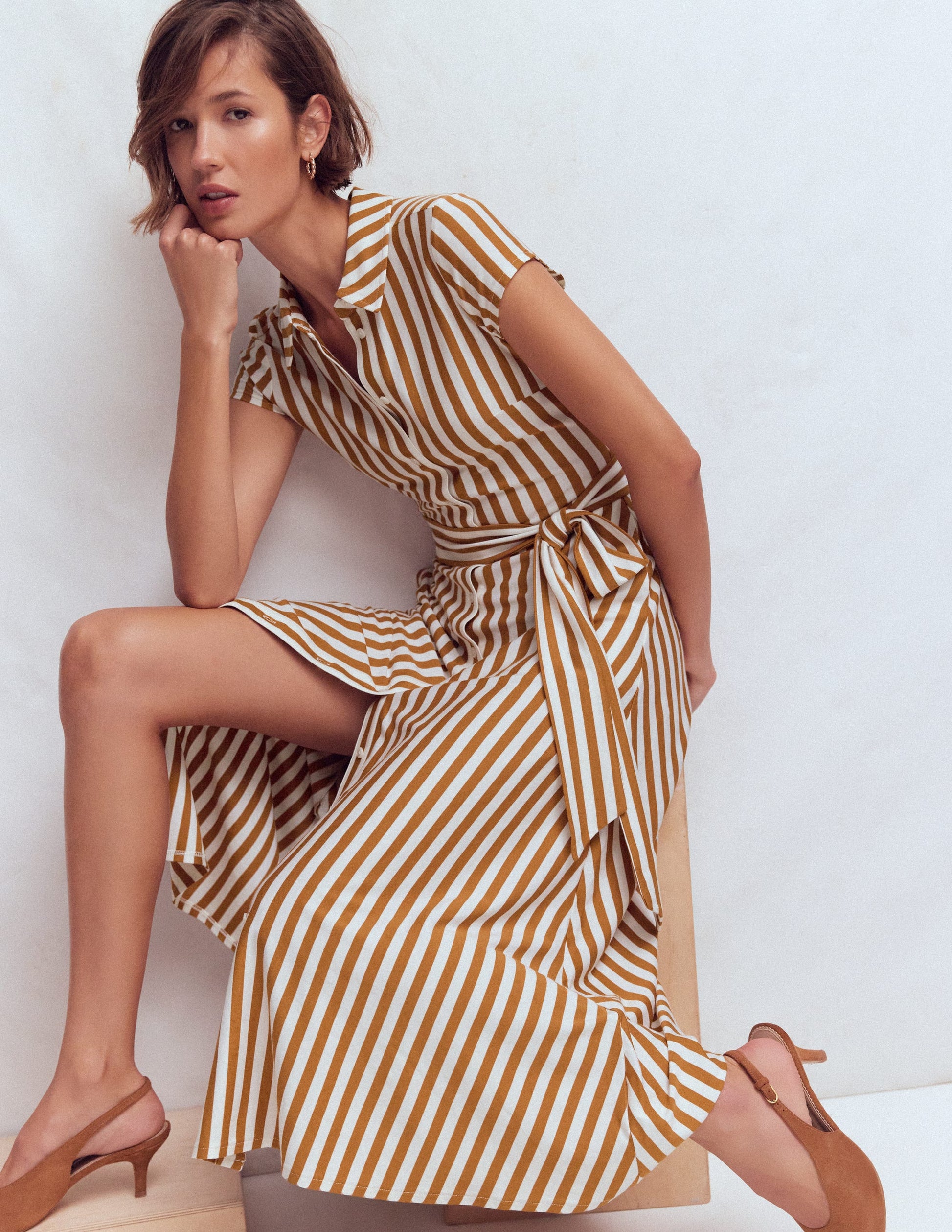 Marcia Jersey-Hemdblusenkleid-Cognac, Naturweiß Streifen-1