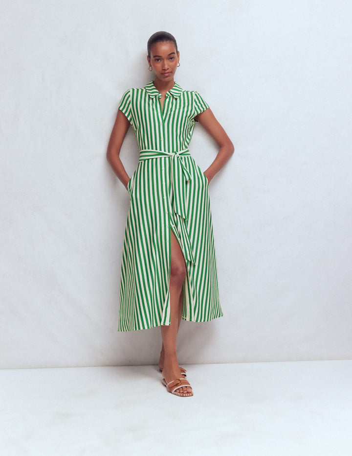 Marcia Jersey-Hemdblusenkleid-Grün und Naturweiß Streifen