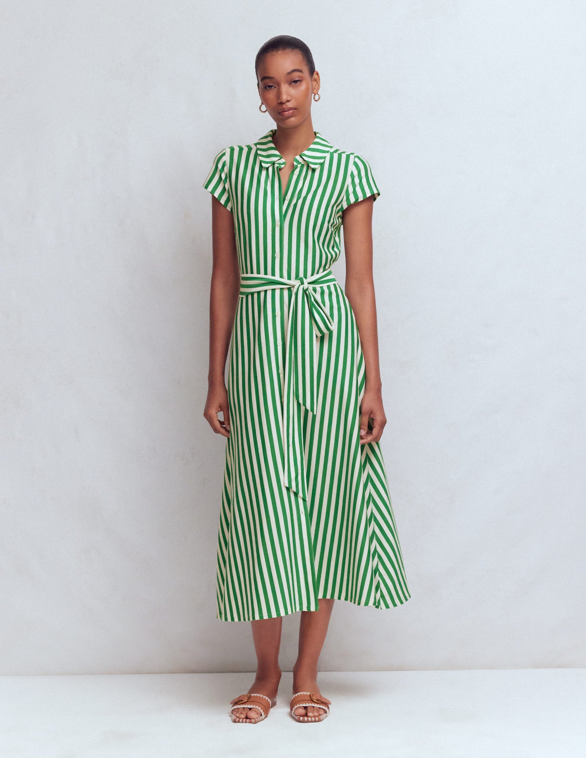Marcia Jersey Shirt Dress-Green and Ivory Stripe-7