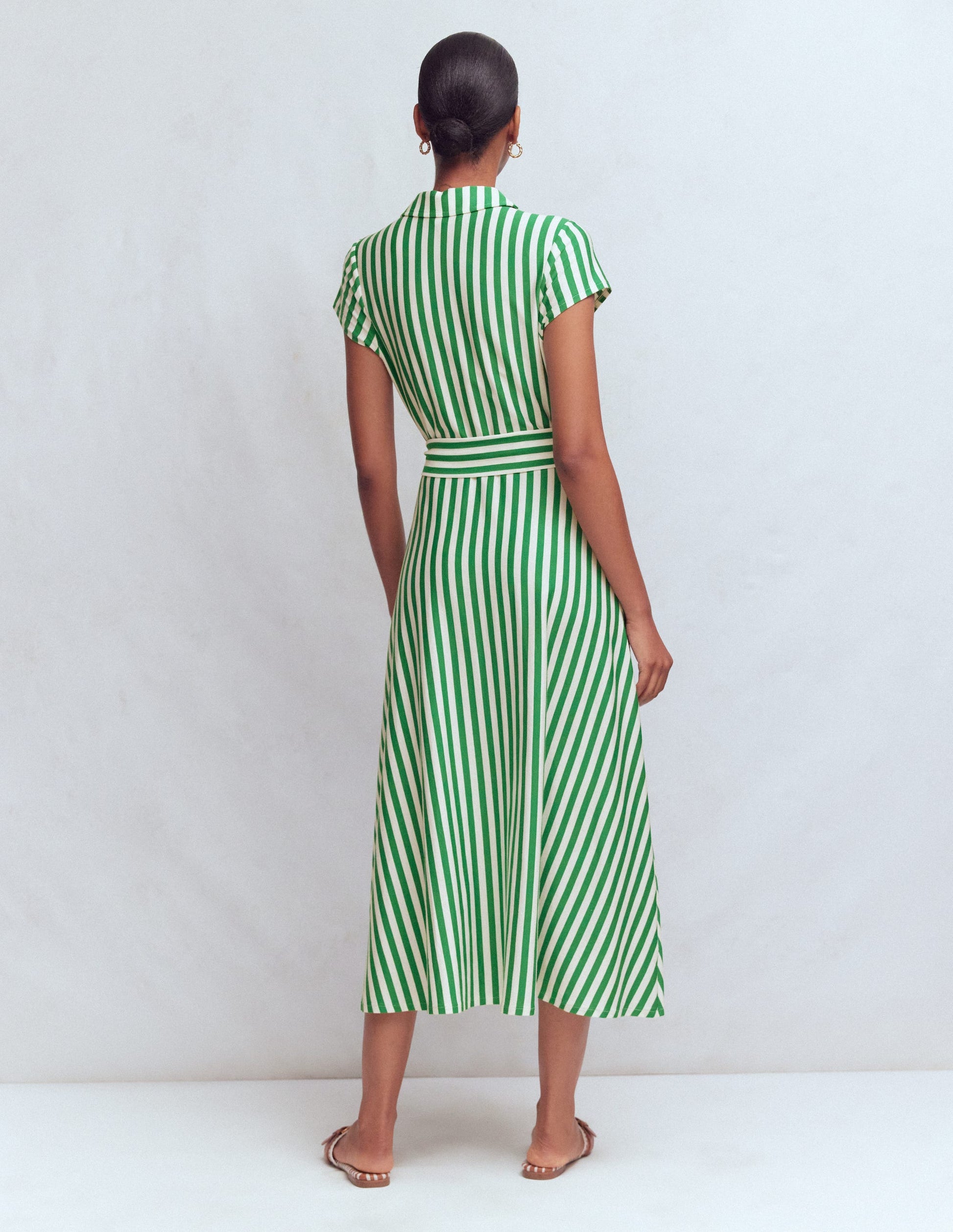 Marcia Jersey Shirt Dress-Green and Ivory Stripe-8