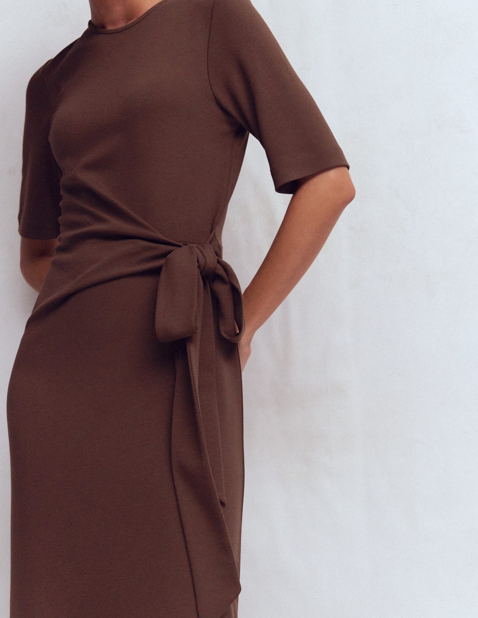 Zinnia Tie Ponte Midi Dress-Espresso-2
