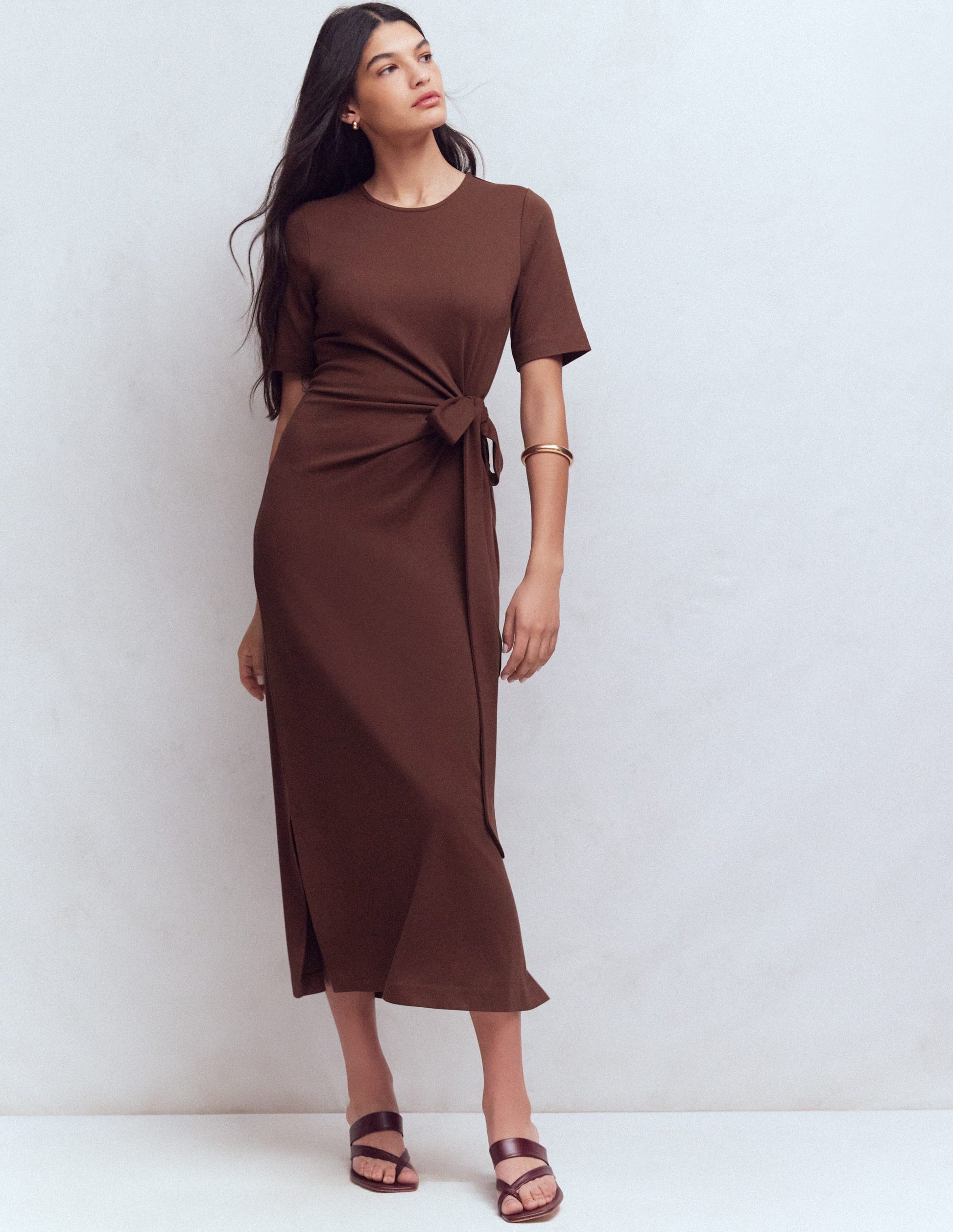 Zinnia Tie Ponte Midi Dress-Espresso-9
