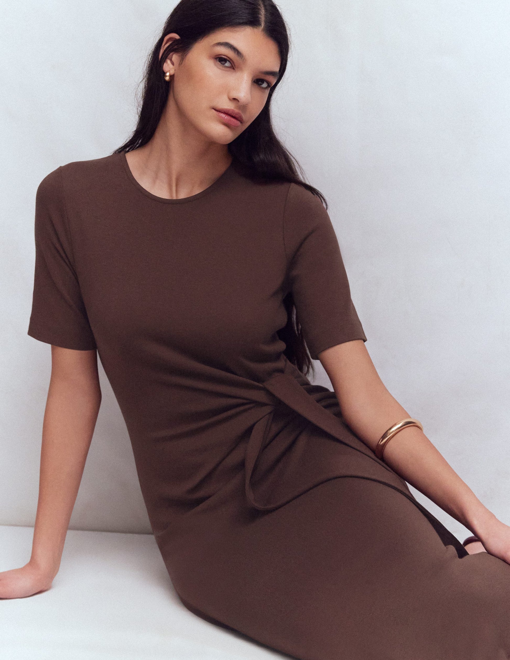 Zinnia Tie Ponte Midi Dress-Espresso-10