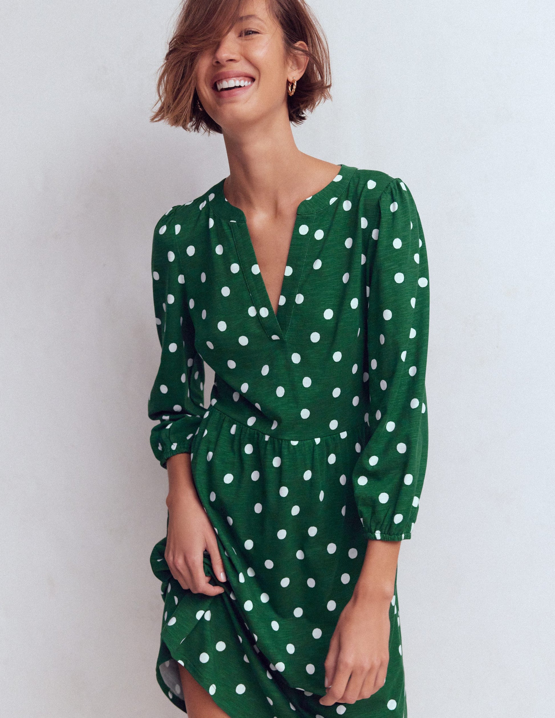 Robe Cathy à col cranté en jersey-Vert chasseur, pois peints-1