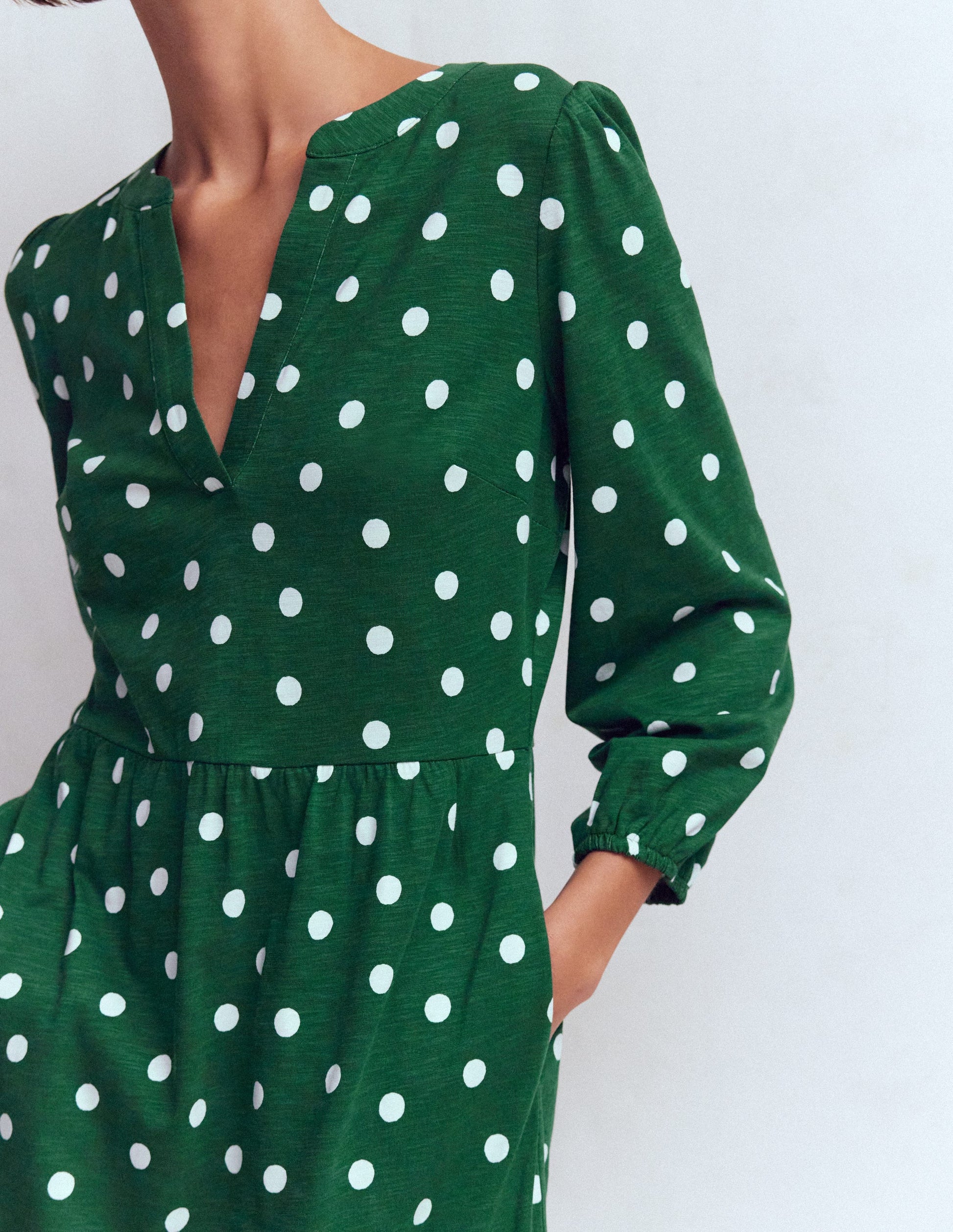 Robe Cathy à col cranté en jersey-Vert chasseur, pois peints-2