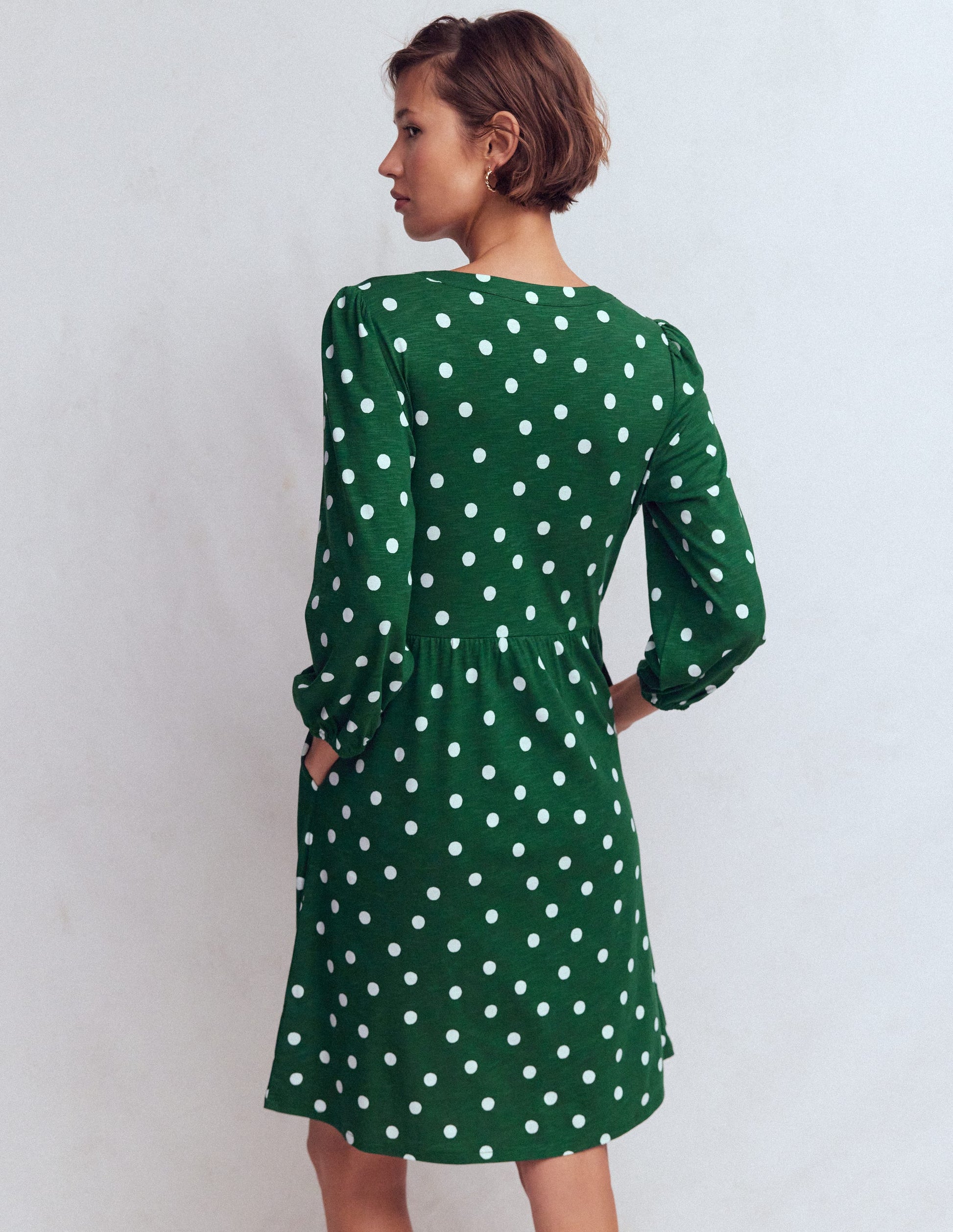 Robe Cathy à col cranté en jersey-Vert chasseur, pois peints-3