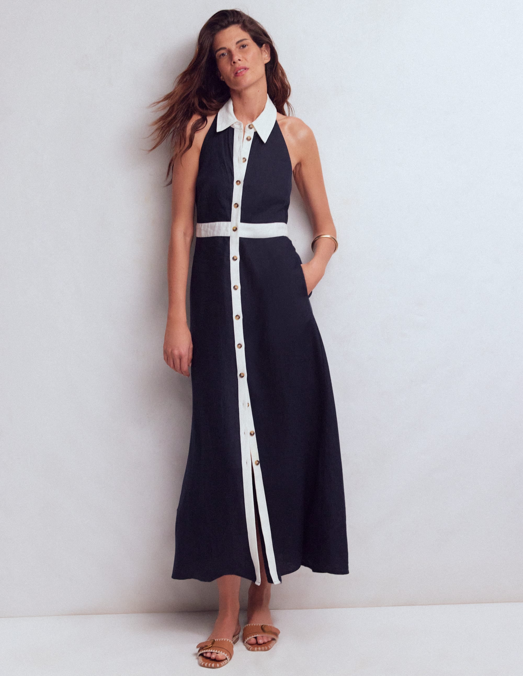 Eva Maxikleid aus Leinenmischgewebe-Marineblau Naturweiß - Image 4