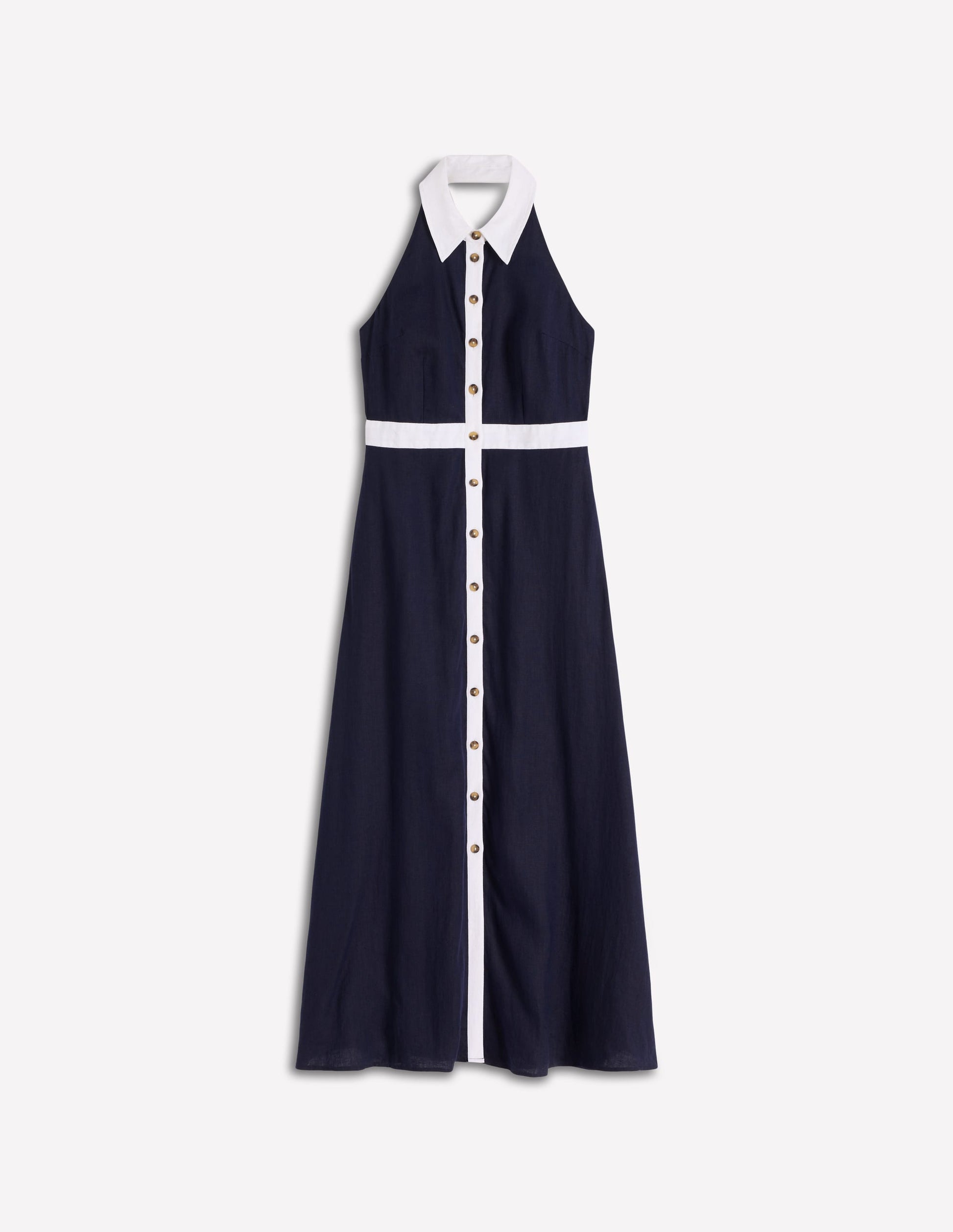 Neckholder-Leinenkleid mit Kragen-Marineblau Naturweiß-6