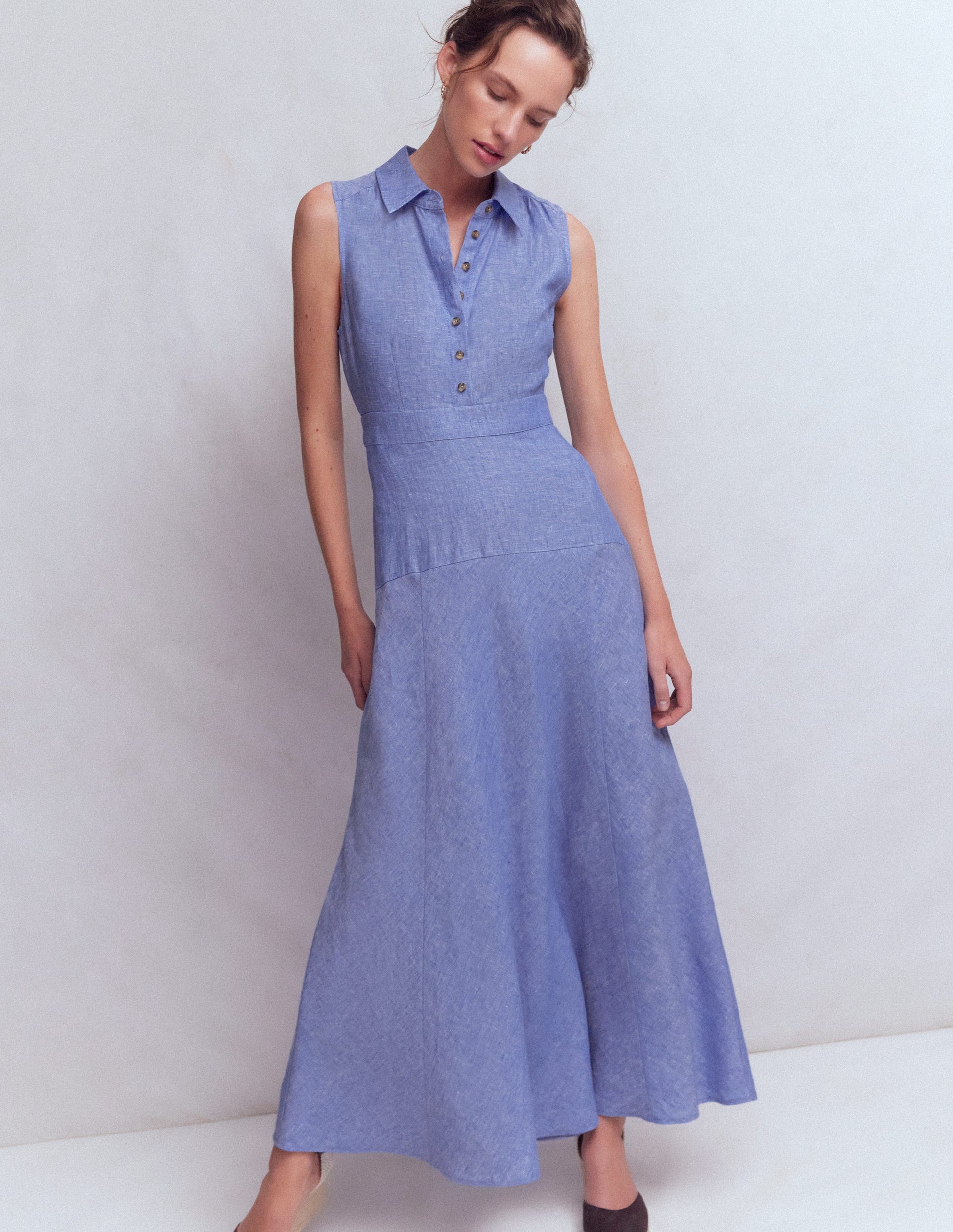 Erma Drop Waist Linen Dress-Chambray-4