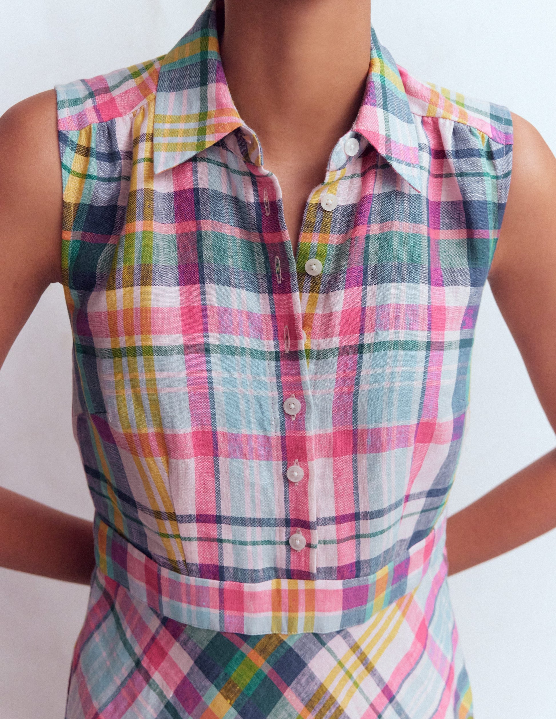 Erma Leinenkleid mit tiefer Taille-Blau, Rosa und Grün Madraskaro-3