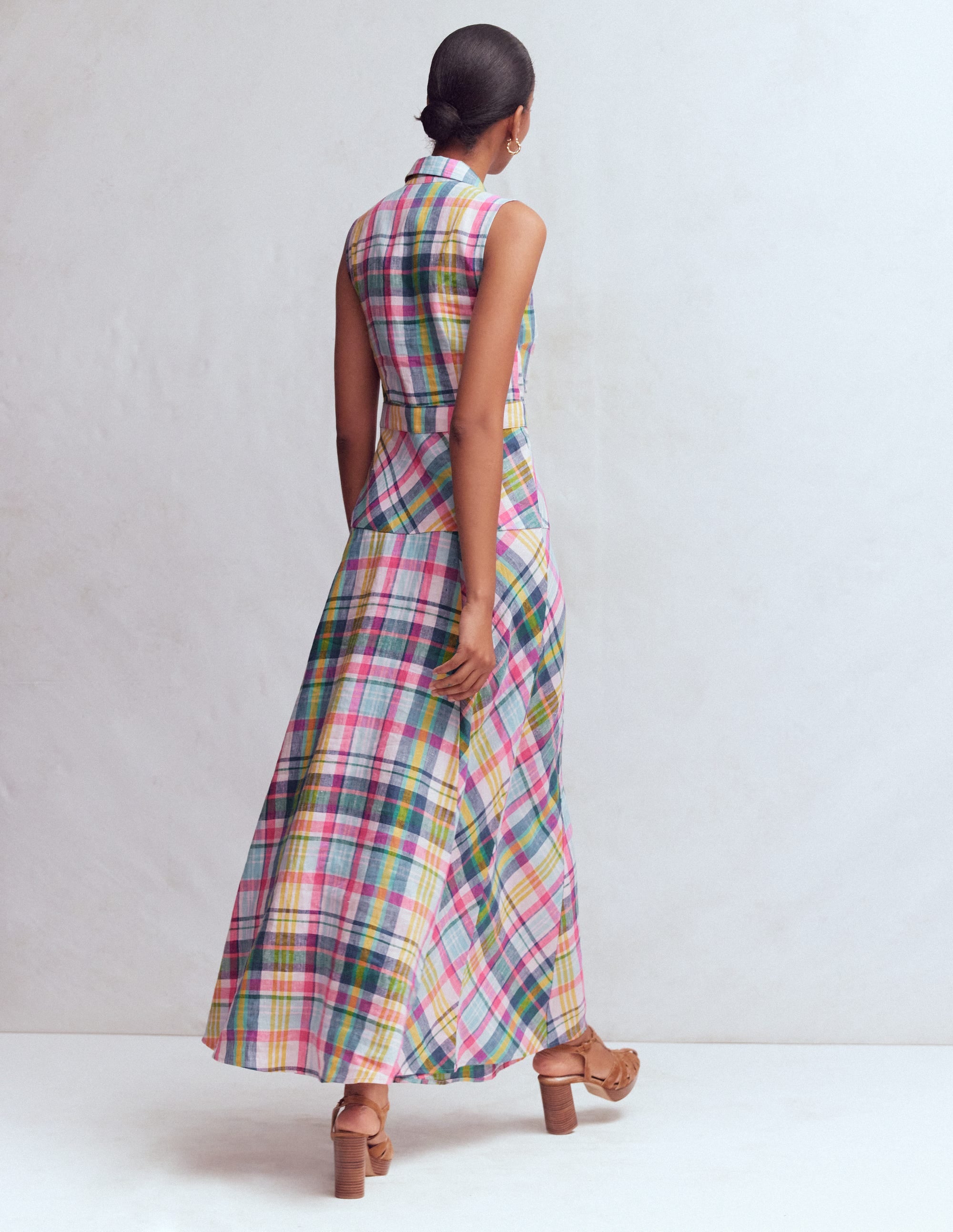 Erma Leinenkleid mit tiefer Taille-Blau, Rosa und Grün Madraskaro - Image 3