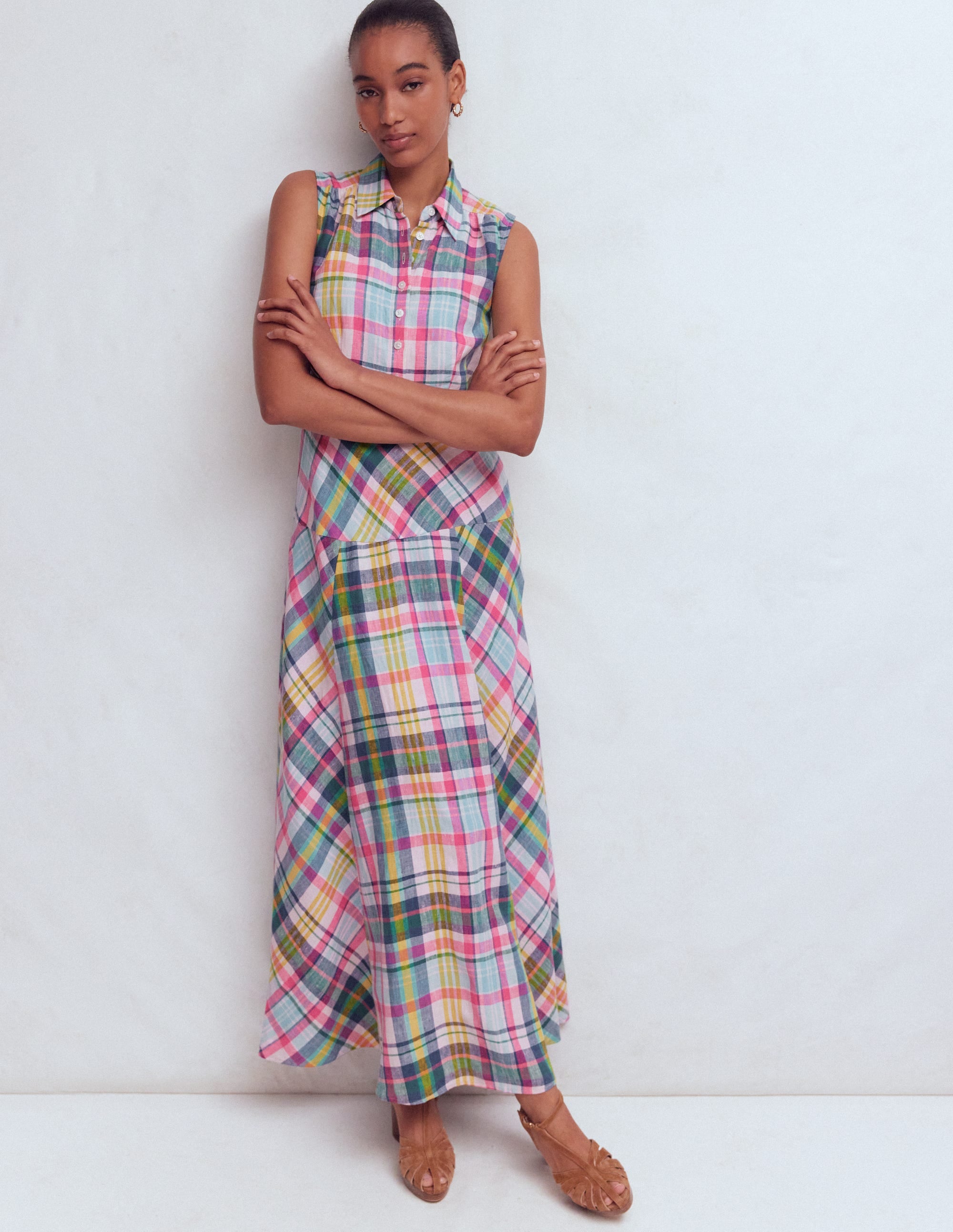 Erma Leinenkleid mit tiefer Taille-Blau, Rosa und Grün Madraskaro - Image 4