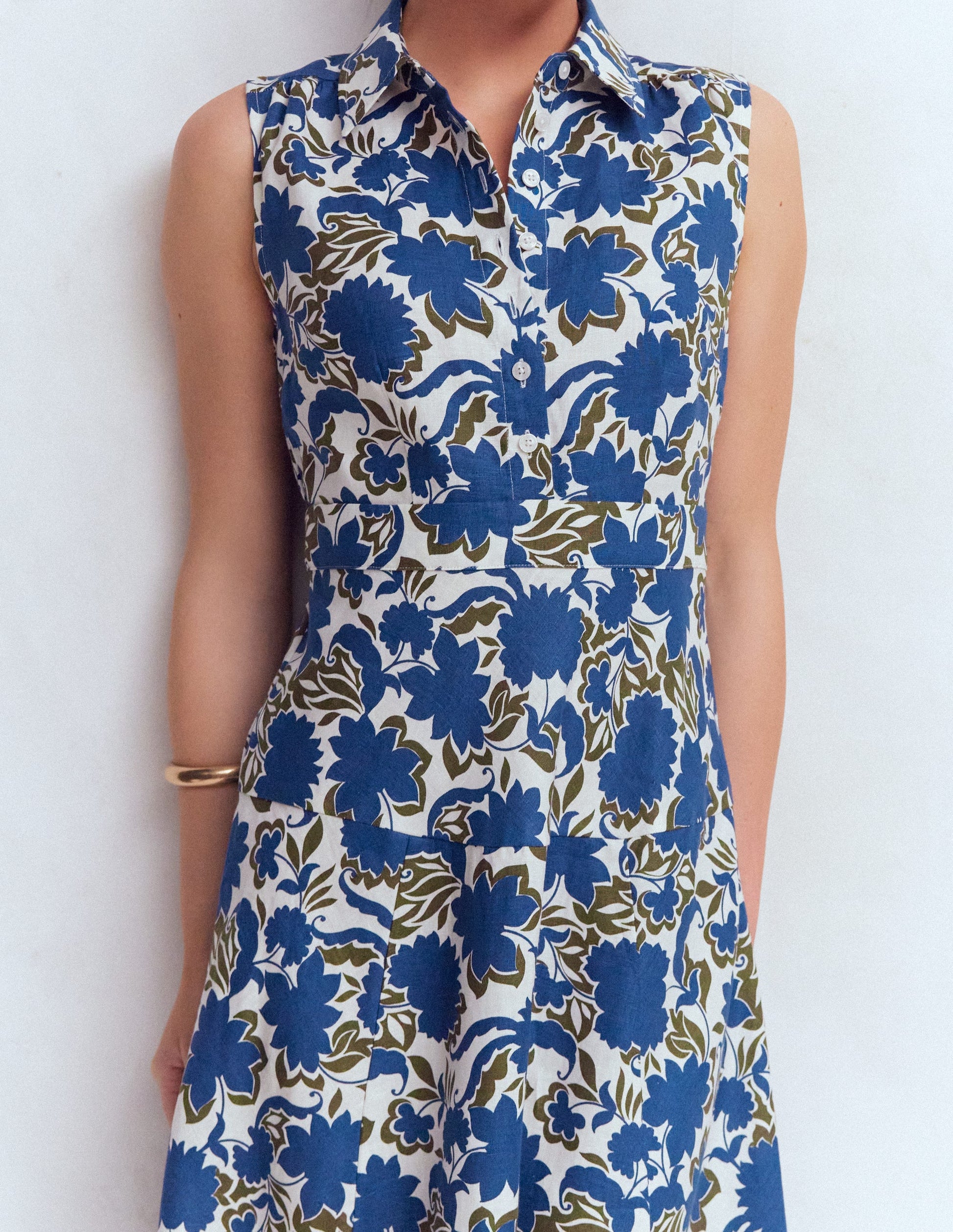 Erma Drop Waist Linen Dress-Blue Shadow Blossom-2