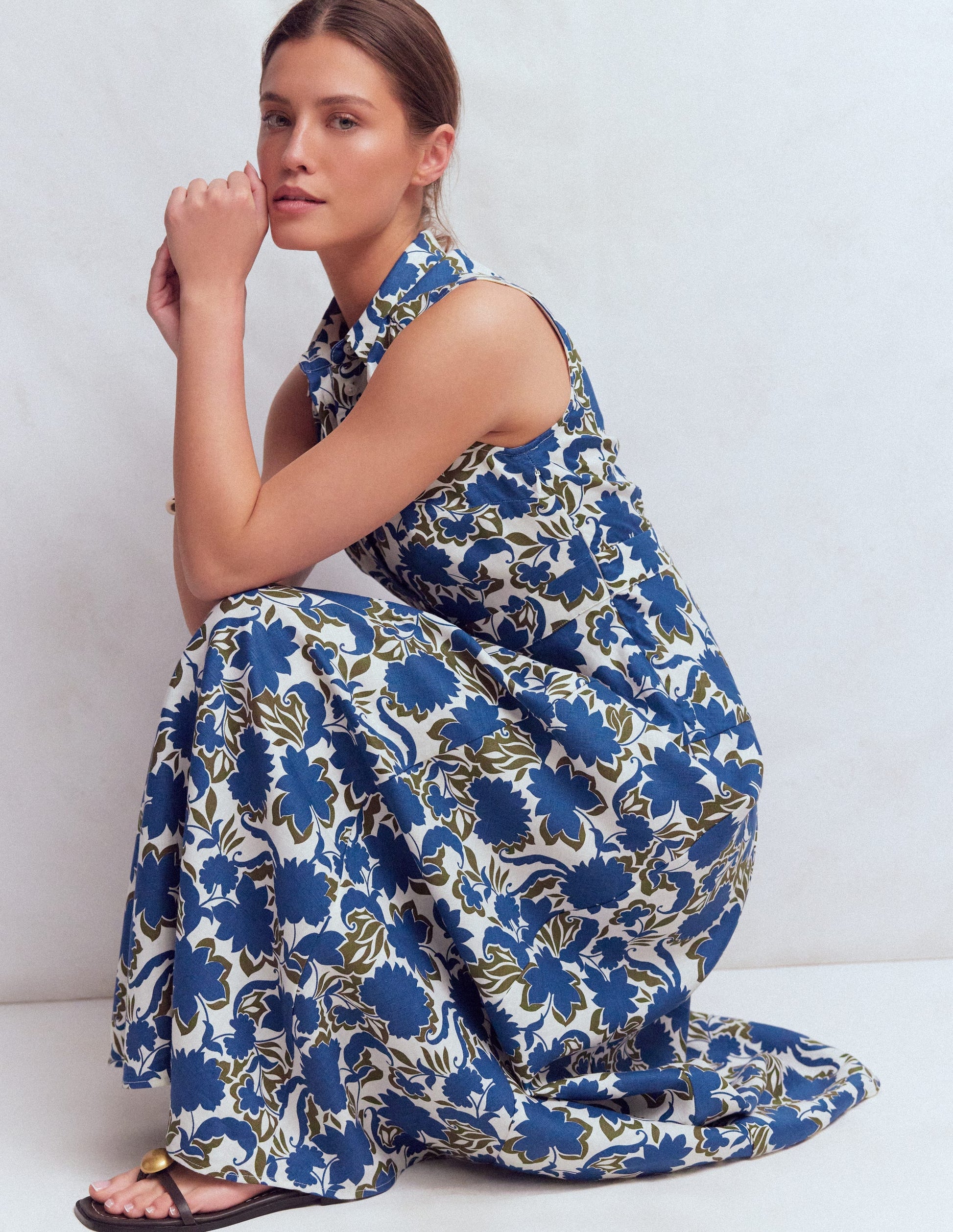 Erma Drop Waist Linen Dress-Blue Shadow Blossom-5