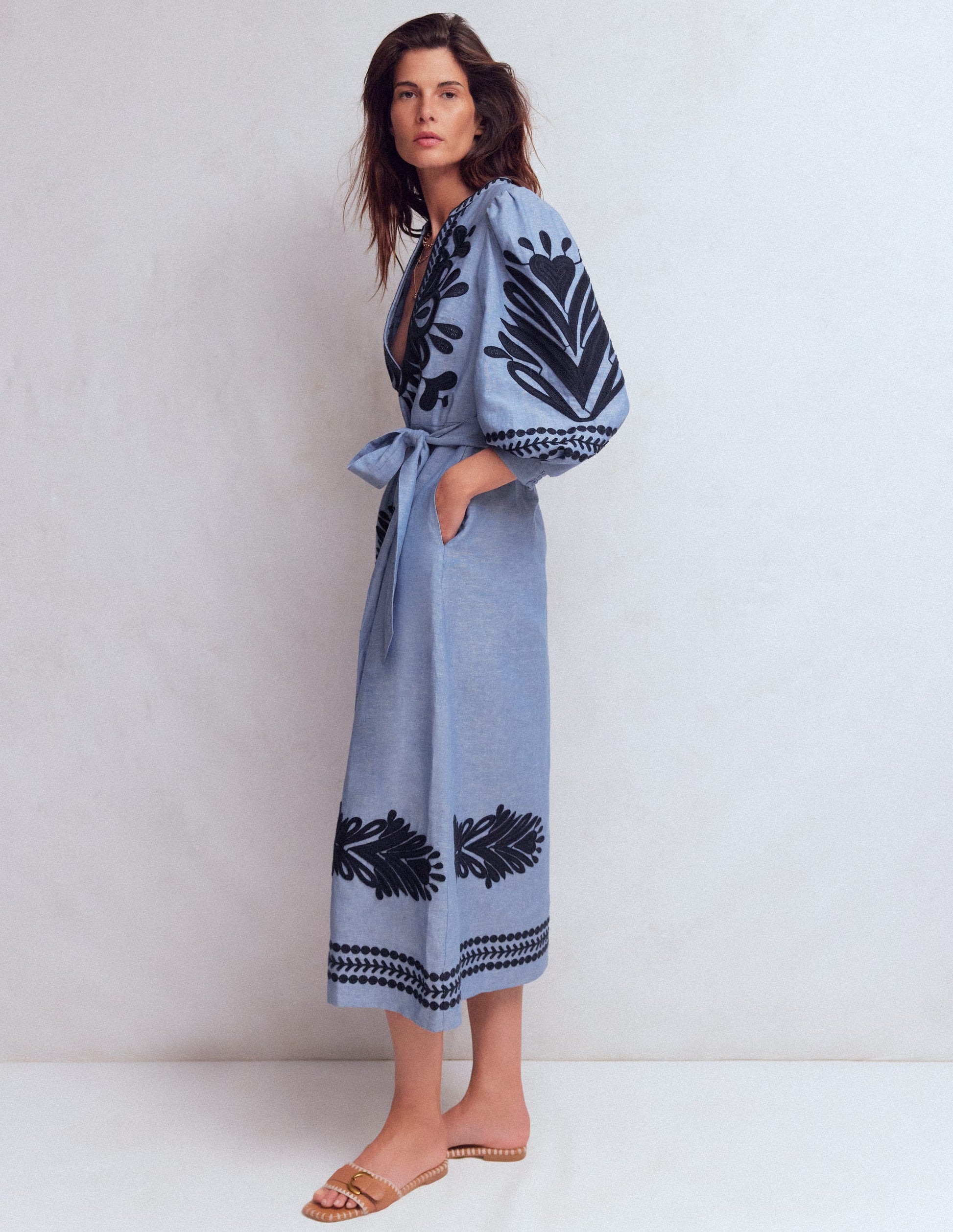 Octavia Linen Blend Dress-Embroidered Chambray-1