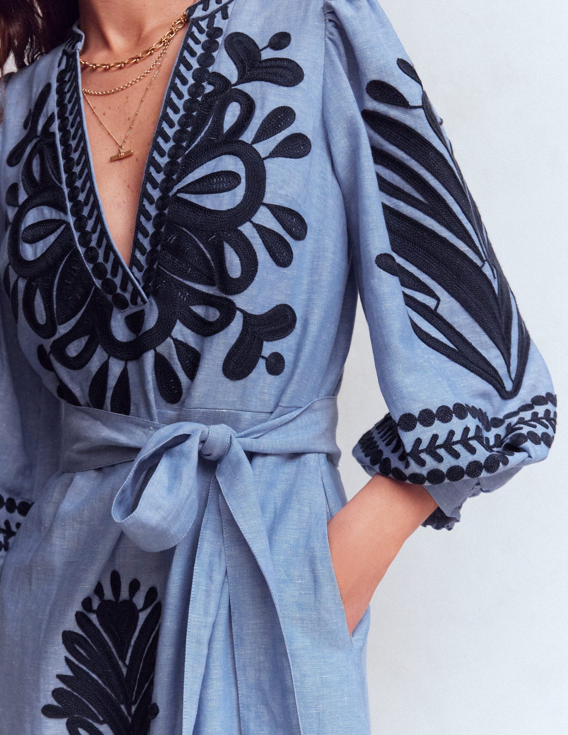 Octavia Linen Blend Dress-Embroidered Chambray-2
