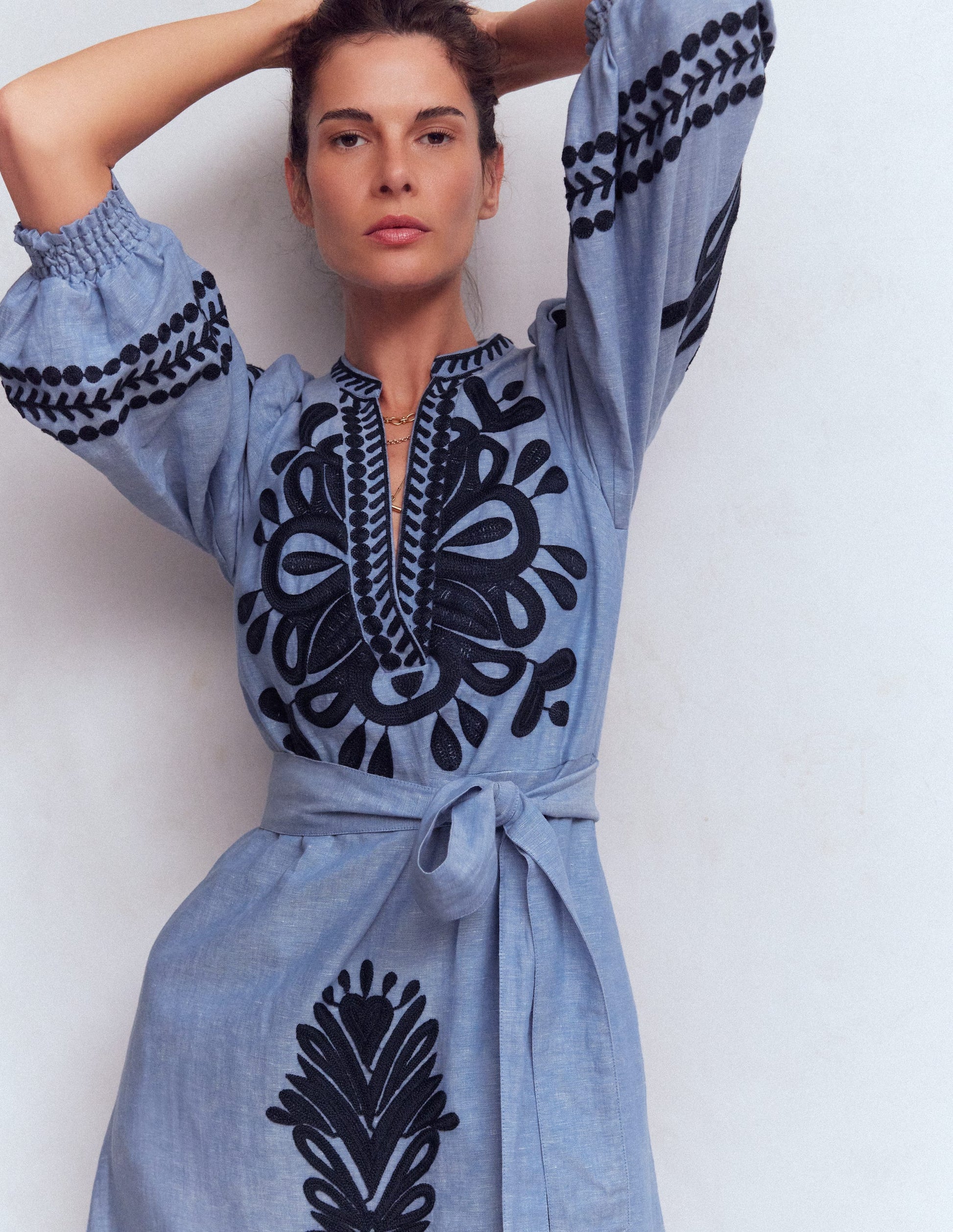 Octavia Linen Blend Dress-Embroidered Chambray-5