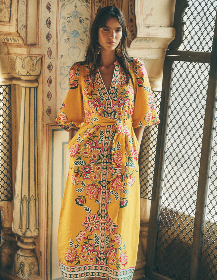 Octavia Leinenkleid-Gelb, Blüten-Eleganz