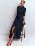 Ora Hemdblusenkleid aus Leinenmischgewebe-Marineblau