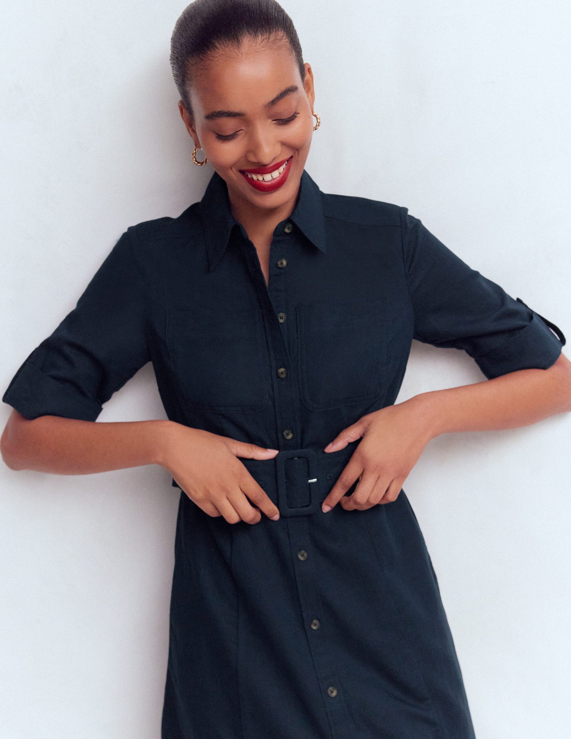 Ora Hemdblusenkleid aus Leinenmischgewebe-Marineblau-5