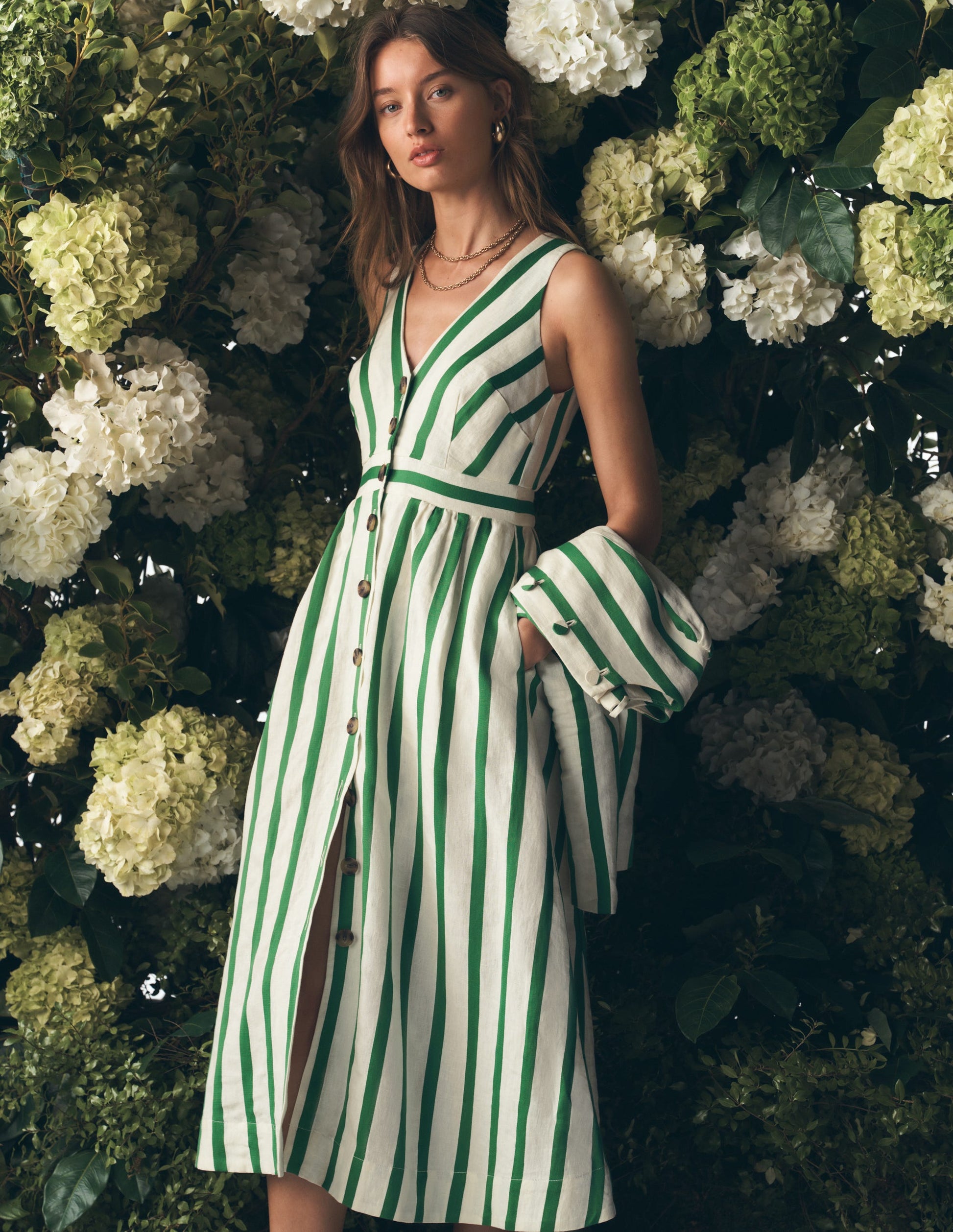 Robe Catherine boutonnée en lin-Rayé satin ivoire et vert-1