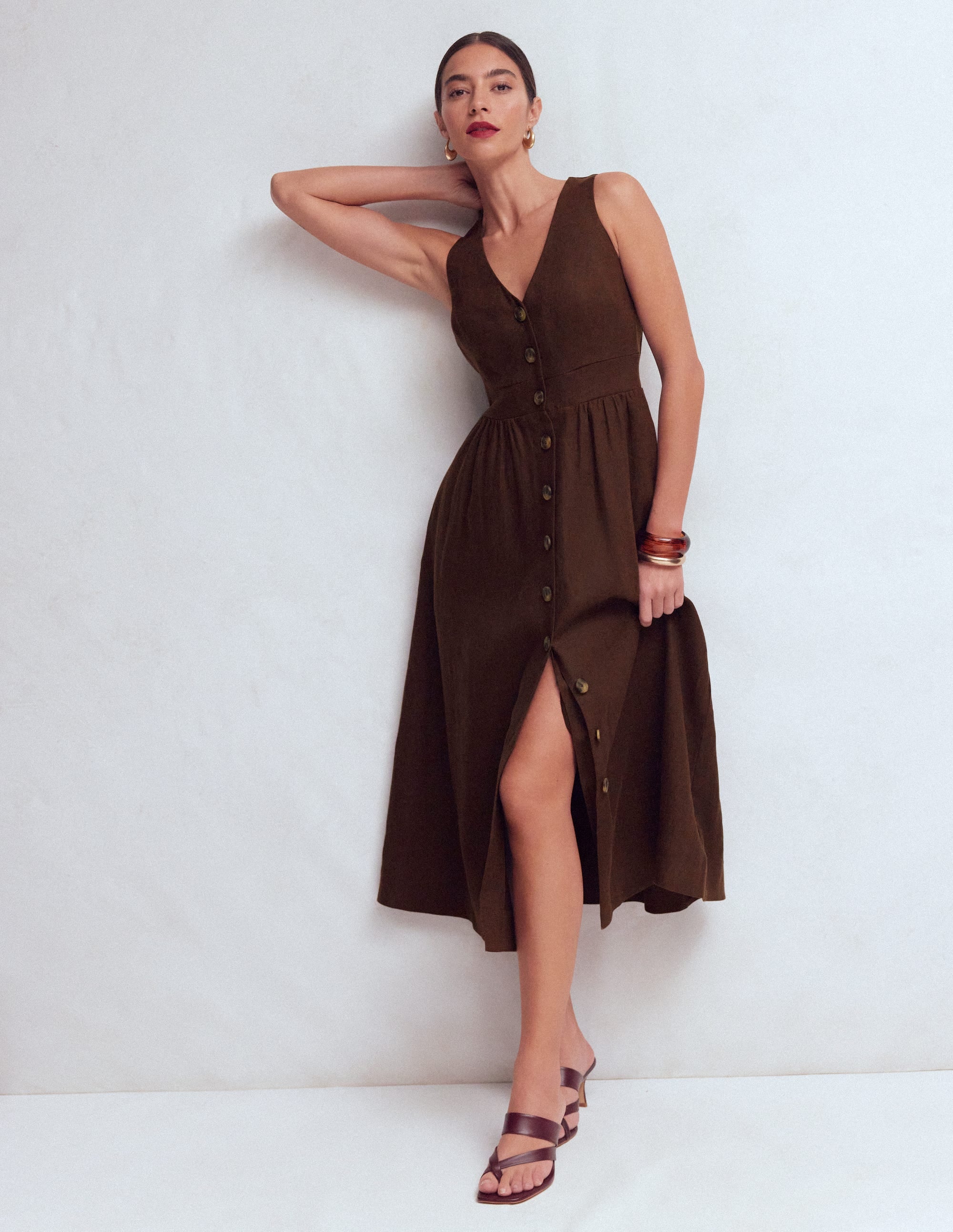 Robe Catherine boutonnée en lin-Chocolat amer - Image 4