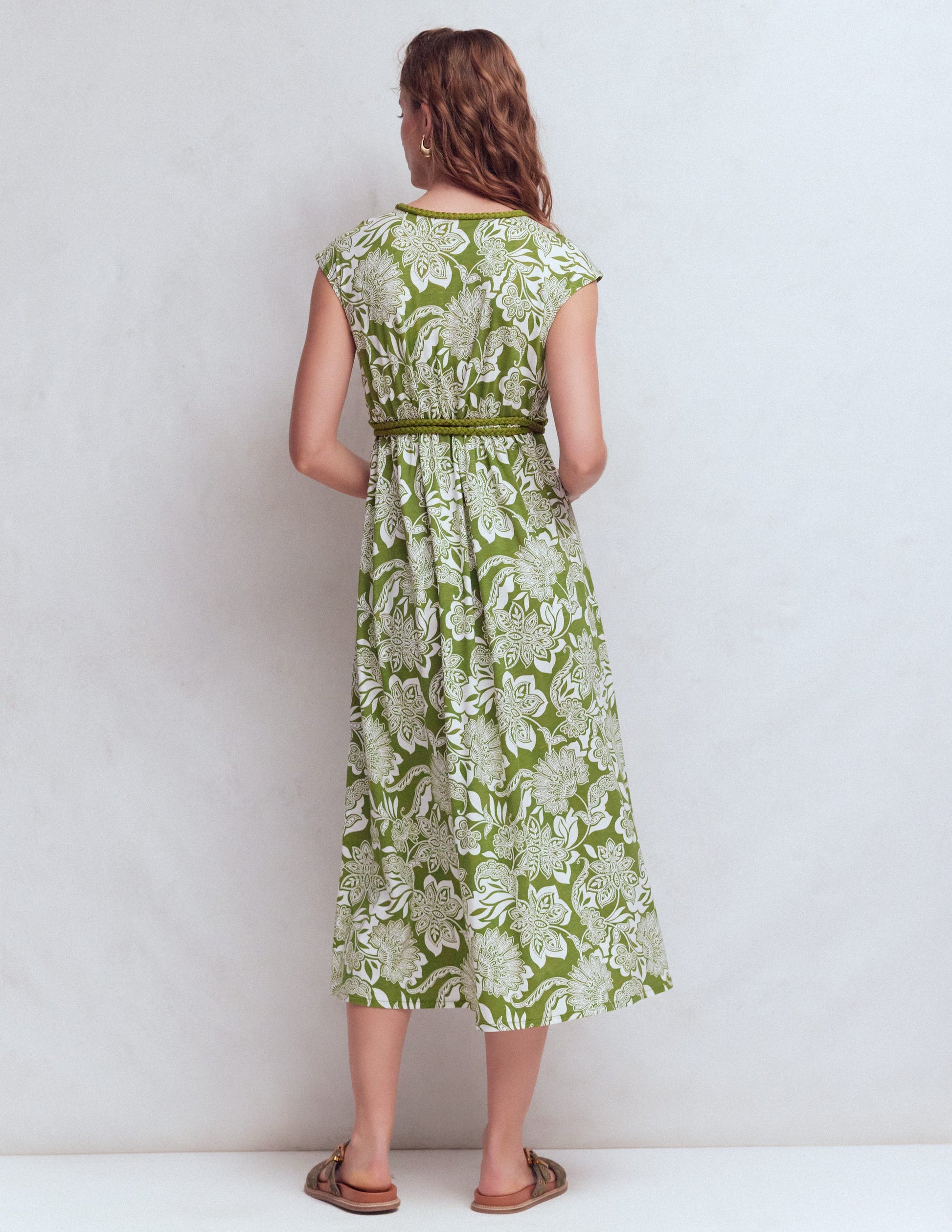 Heidi Gerafftes Jerseykleid mit Kordel-Olivgrün, Elegante Blüten-3