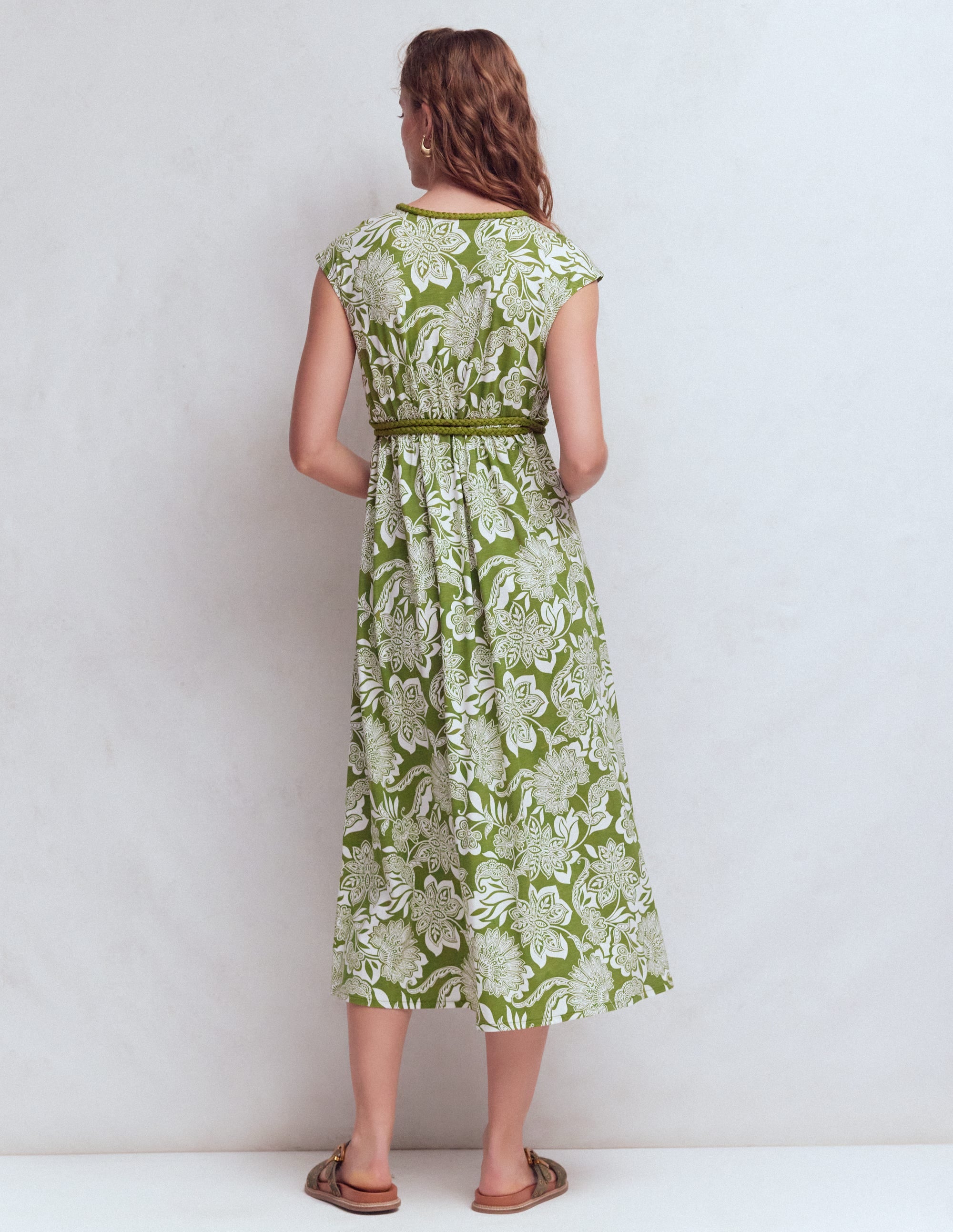 Heidi Gerafftes Jerseykleid mit Kordel-Olivgrün, Elegante Blüten - Image 3