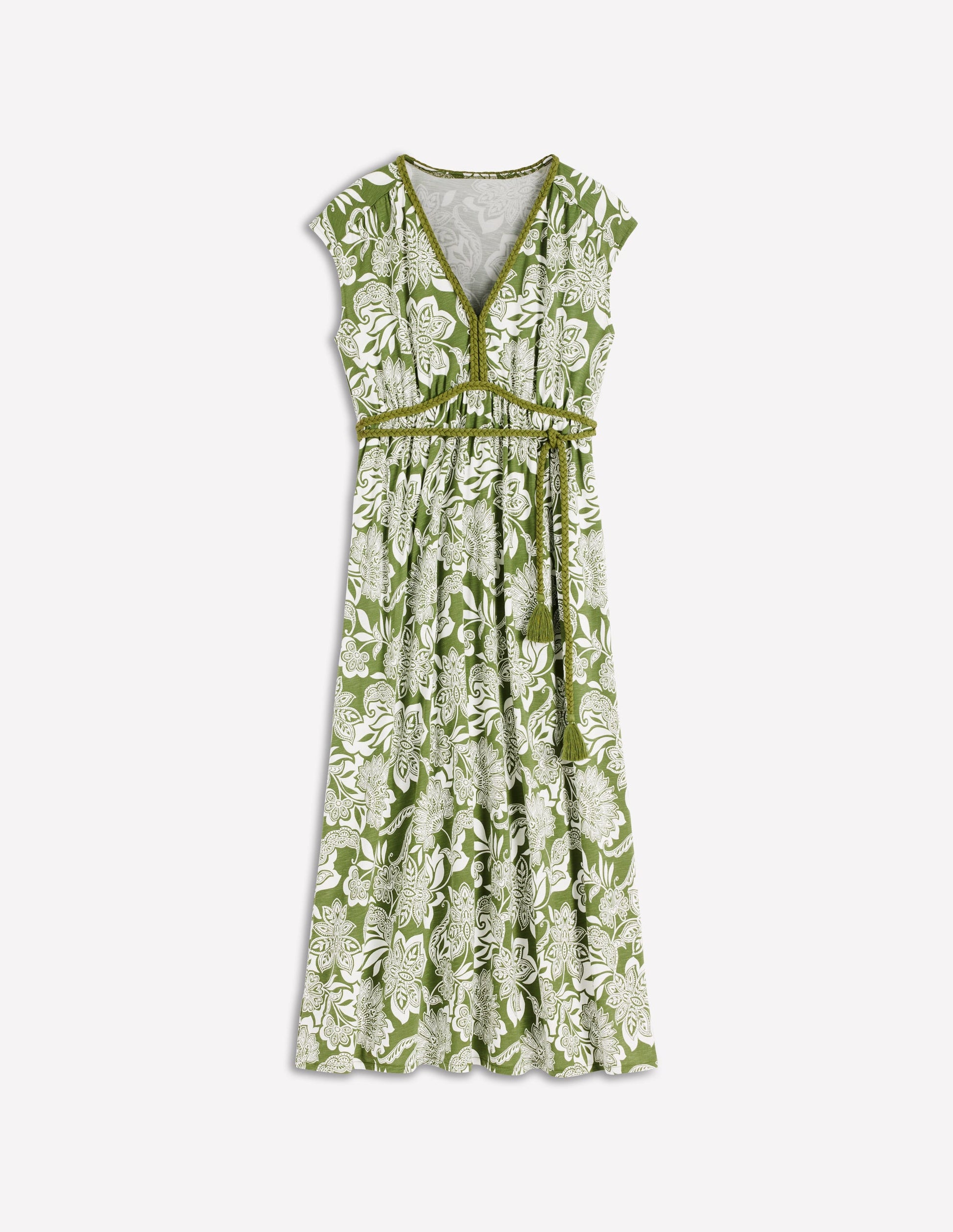 Heidi Gerafftes Jerseykleid mit Kordel-Olivgrün, Elegante Blüten-6