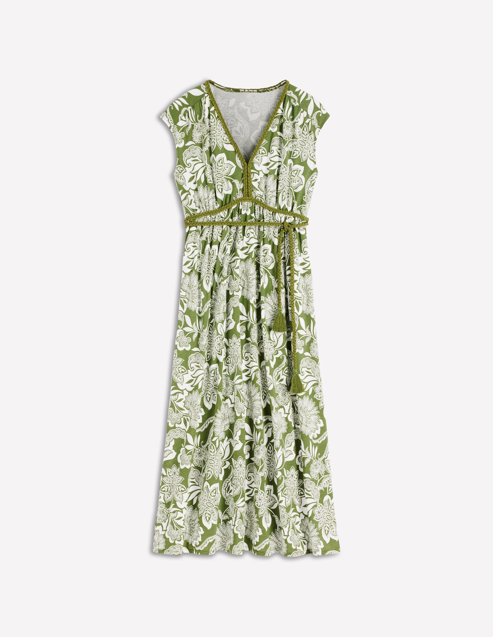 Heidi Gerafftes Jerseykleid mit Kordel-Olivgrün, Elegante Blüten - Image 6