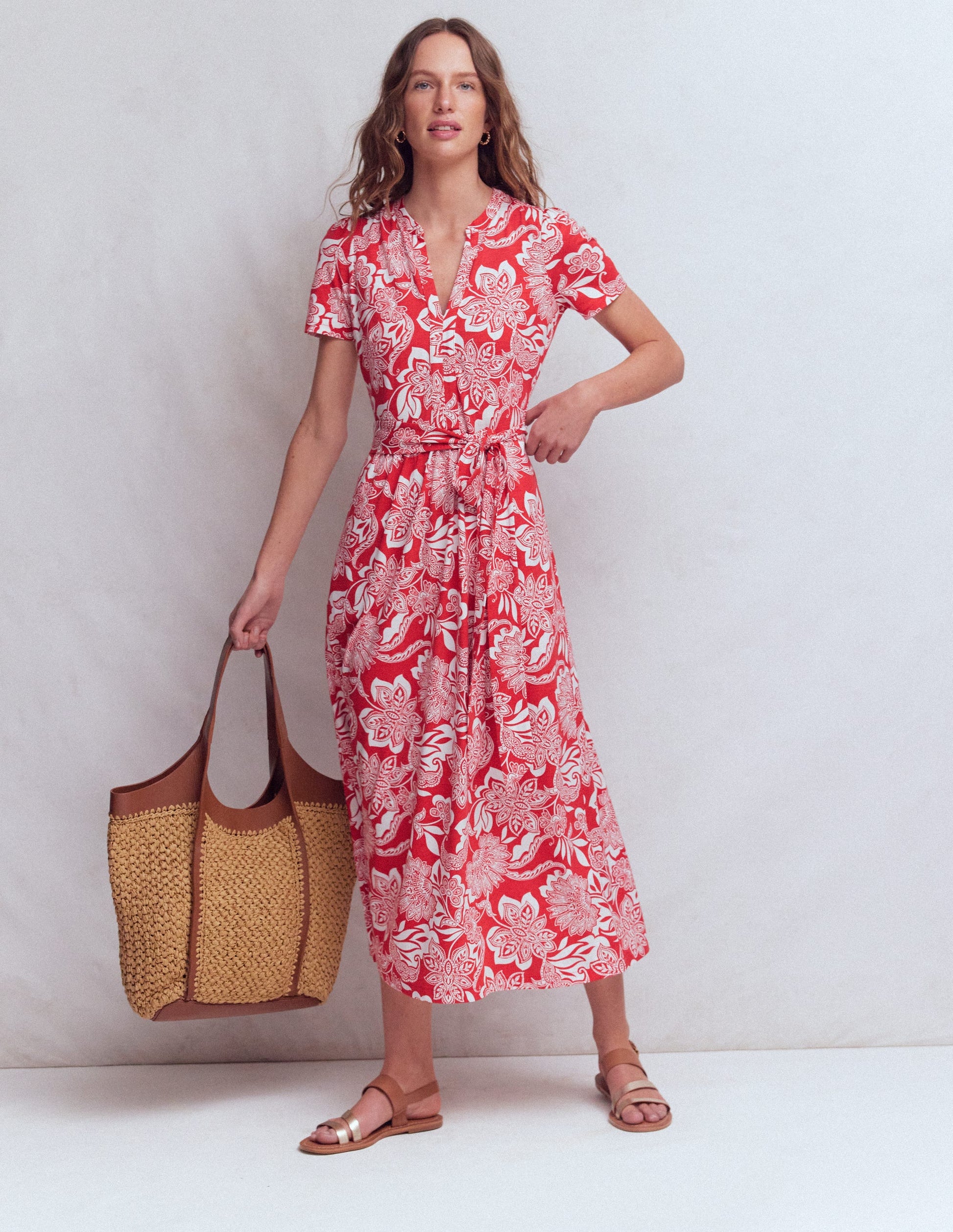 Naomi Jersey-Midikleid-Blutorange, Elegante Blüten-4