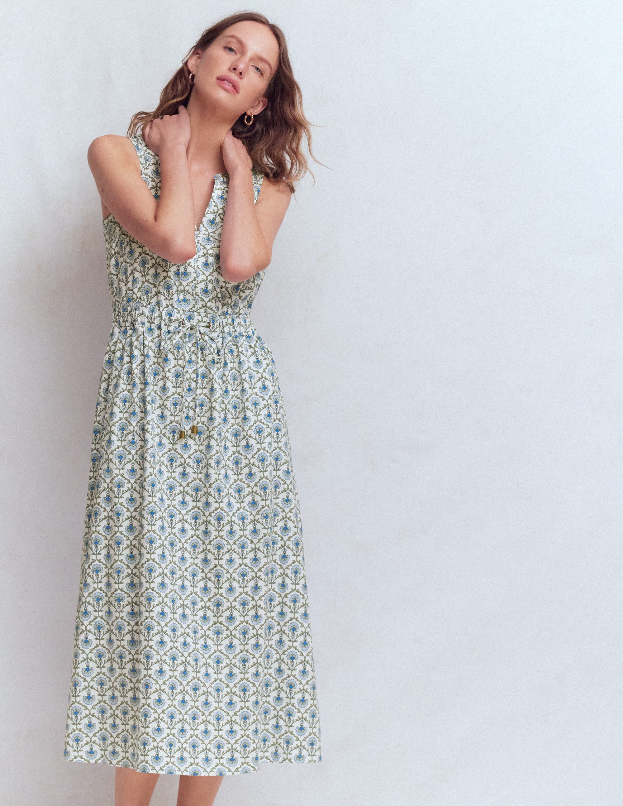 Delphine Jersey-Midikleid-Naturweiß, Blumengitter - Image 1
