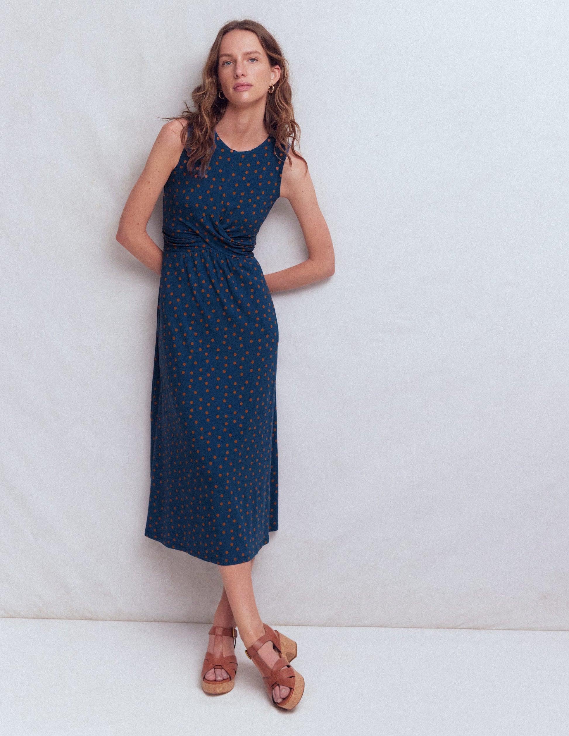 Zara Jerseykleid mit überkreuzter Taille-Turmalinblau, Gemalte Tupfen-4