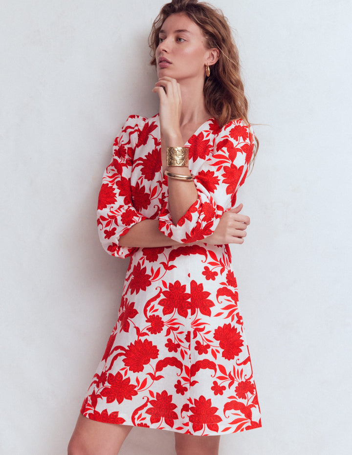 Marla Kurzes Kleid aus Leinenmischgewebe-Rot Elegante Blüten