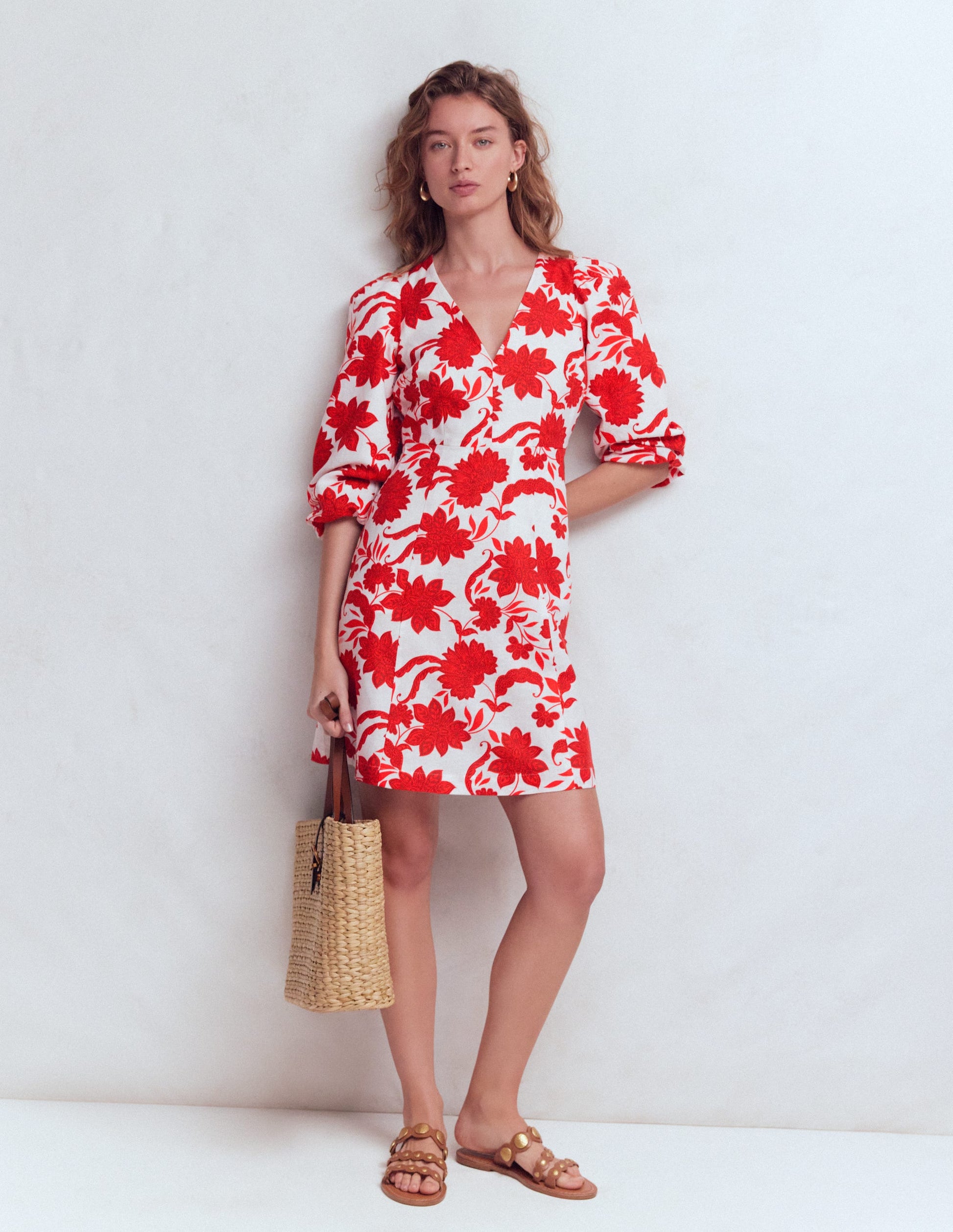 Marla Linen Blend Short Dress-Red Elegant Blossom-5