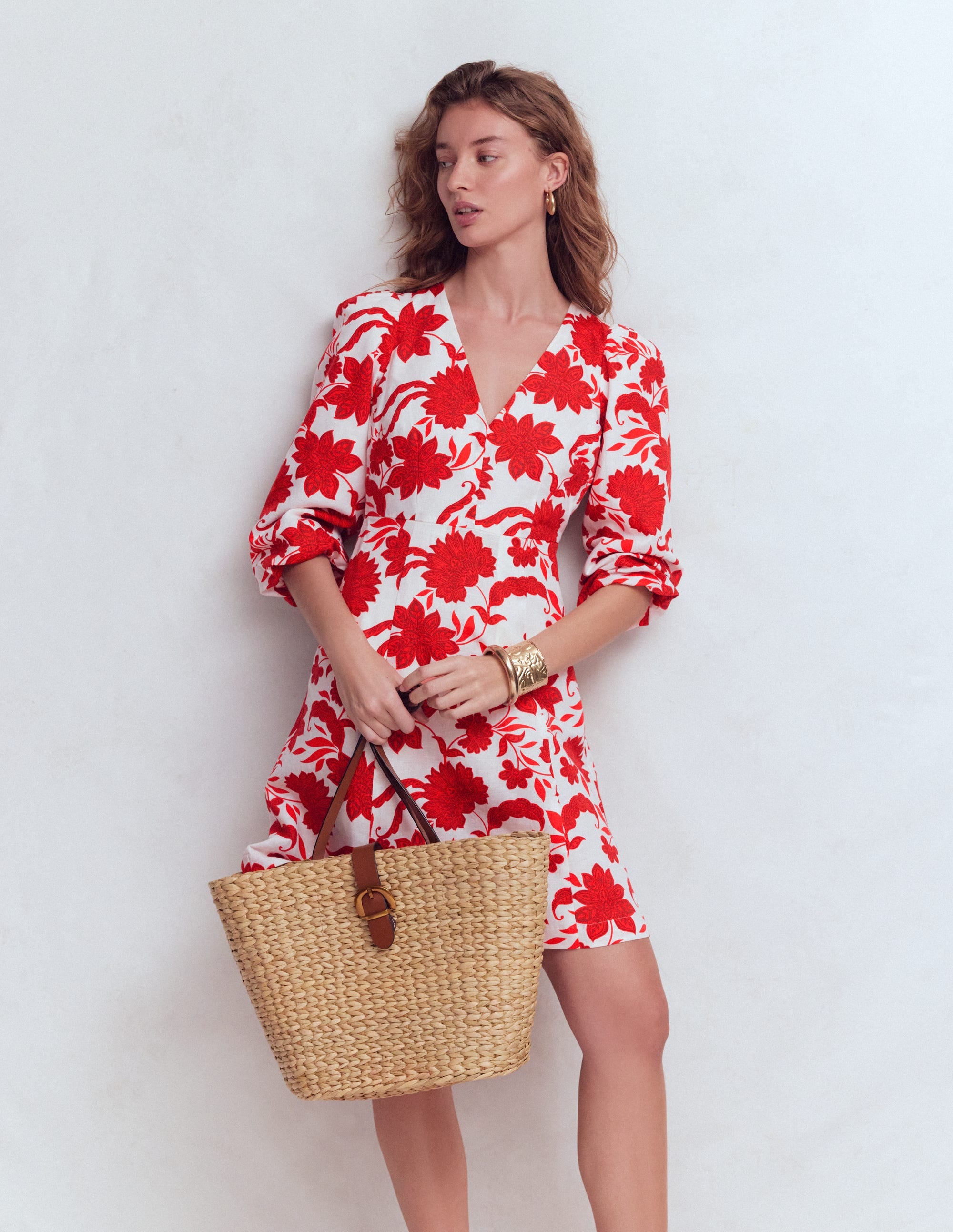 Robe courte Marla en lin mélangé-Motif Elegant Blossom rouge - Image 5