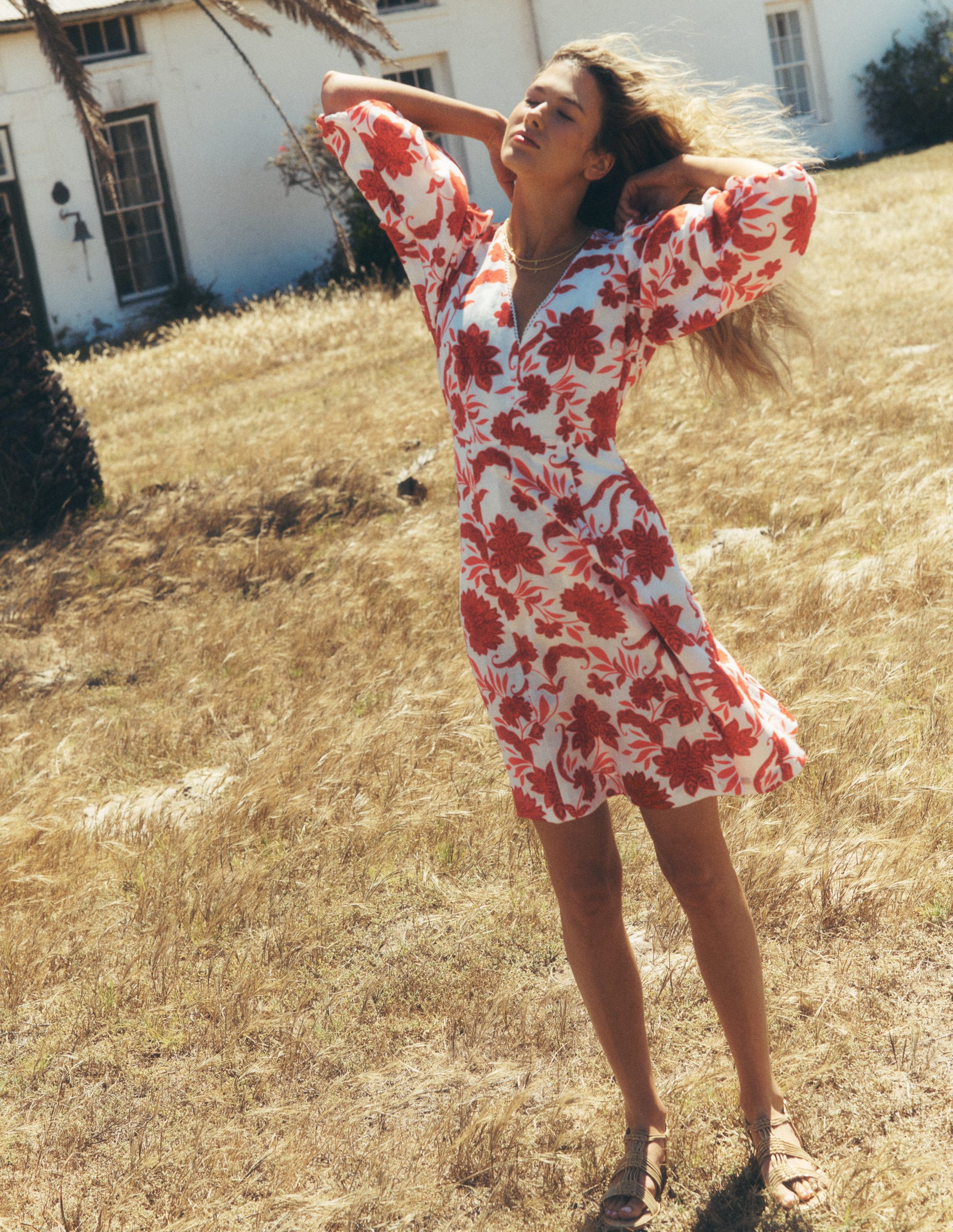 Marla Linen Blend Short Dress-Red Elegant Blossom-1